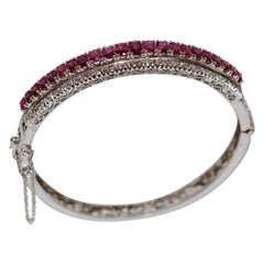 Vintage 14 Karat White Gold Bracelet Bangle Set with Lots of Rubies and Tiny Diamonds