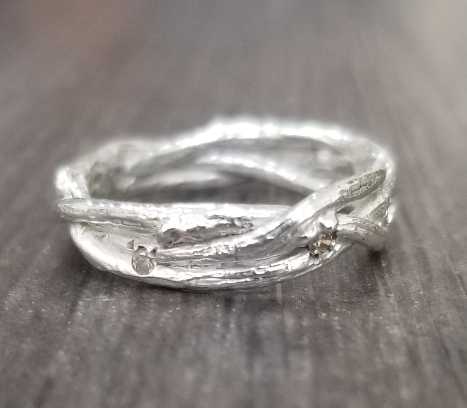 Arts and Crafts 14 Karat White Gold Braided Diamond Branch Ring For Sale