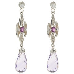 14 Karat White Gold Briolette Amethyst and Ruby Cross Drop Earrings