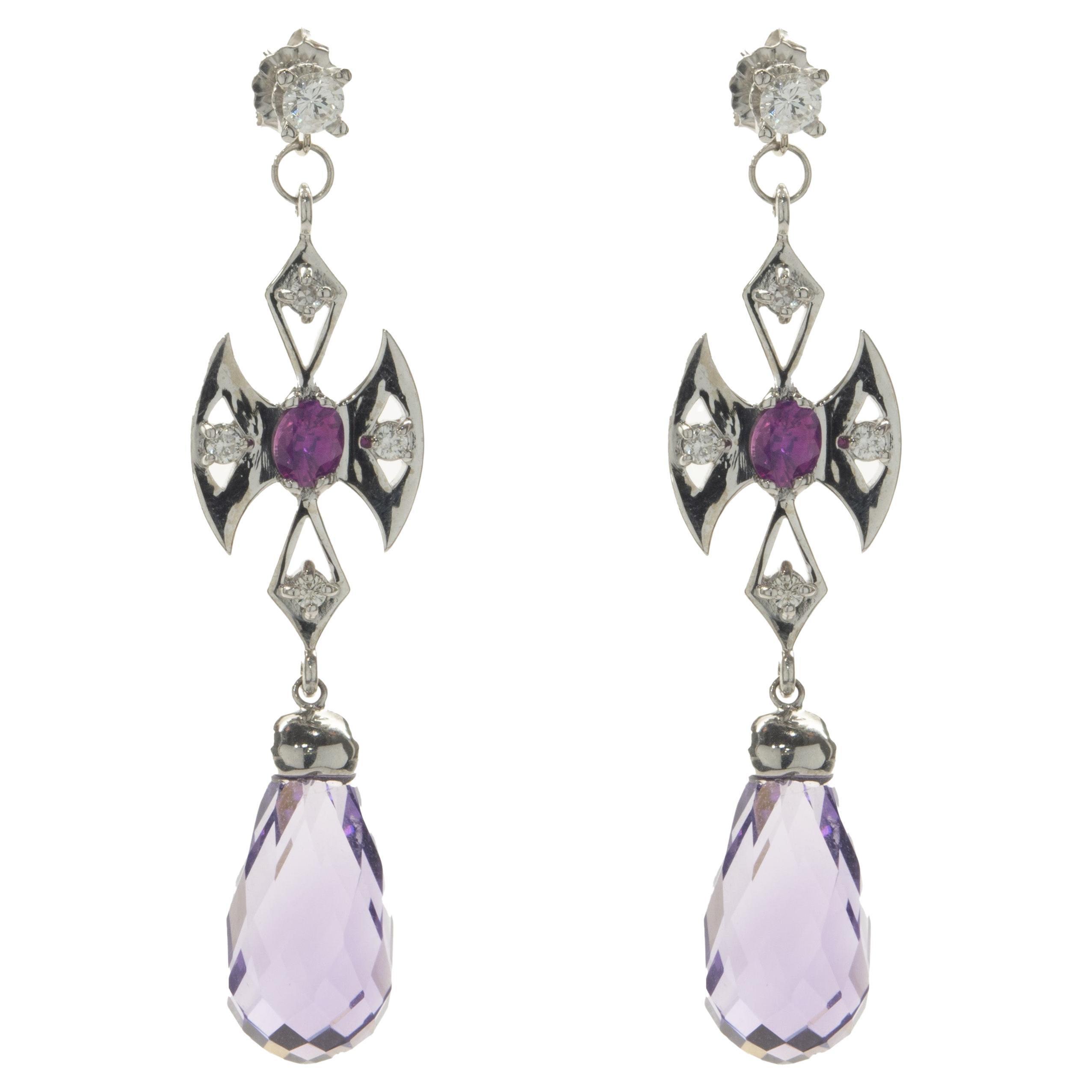 14 Karat White Gold Briolette Amethyst and Ruby Cross Drop Earrings For Sale