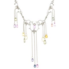 14 Karat White Gold Briolette Rainbow Sapphire and Diamond Drop Necklace