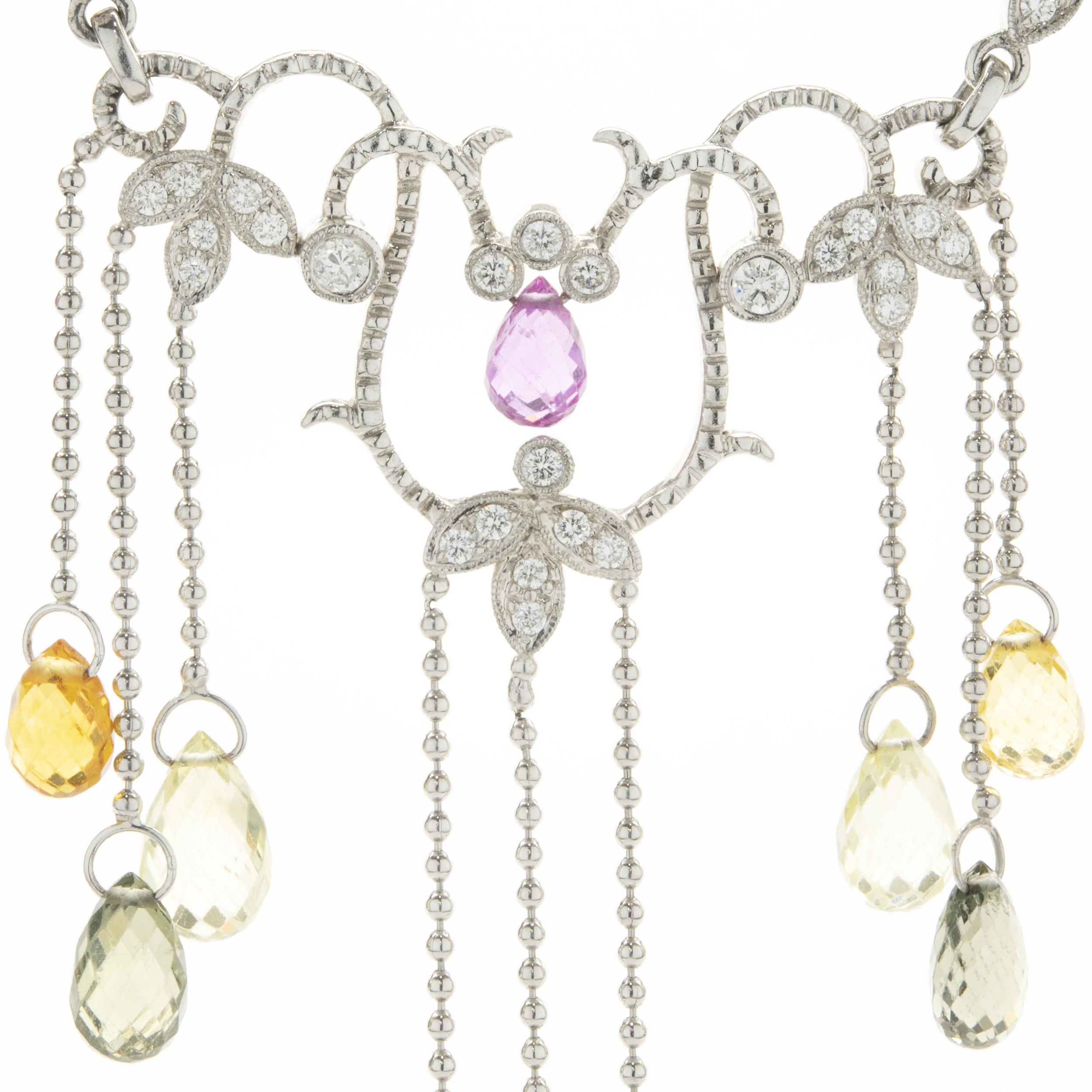 Round Cut 14 Karat White Gold Briolette Rainbow Sapphire and Diamond Drop Necklace For Sale