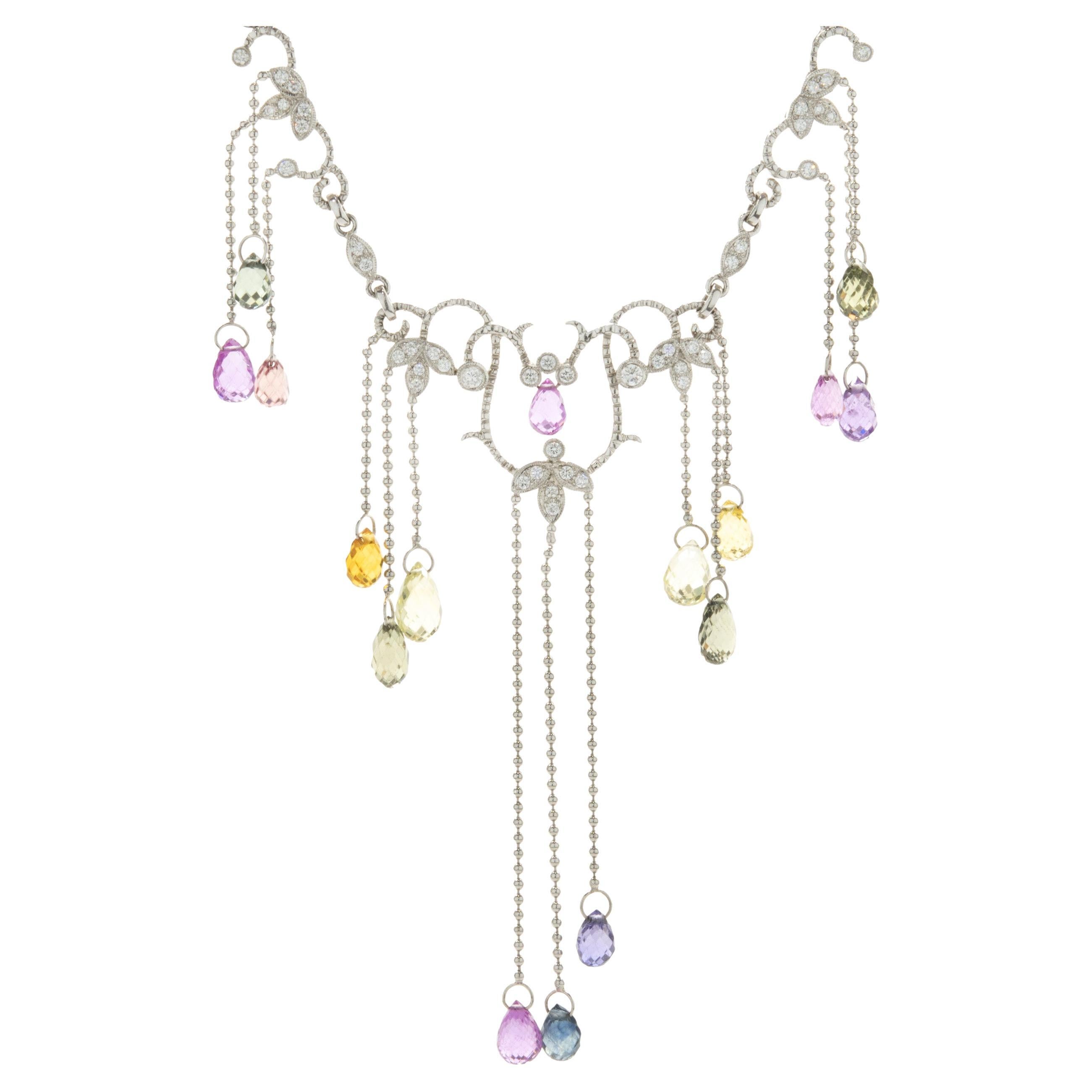 14 Karat White Gold Briolette Rainbow Sapphire and Diamond Drop Necklace For Sale