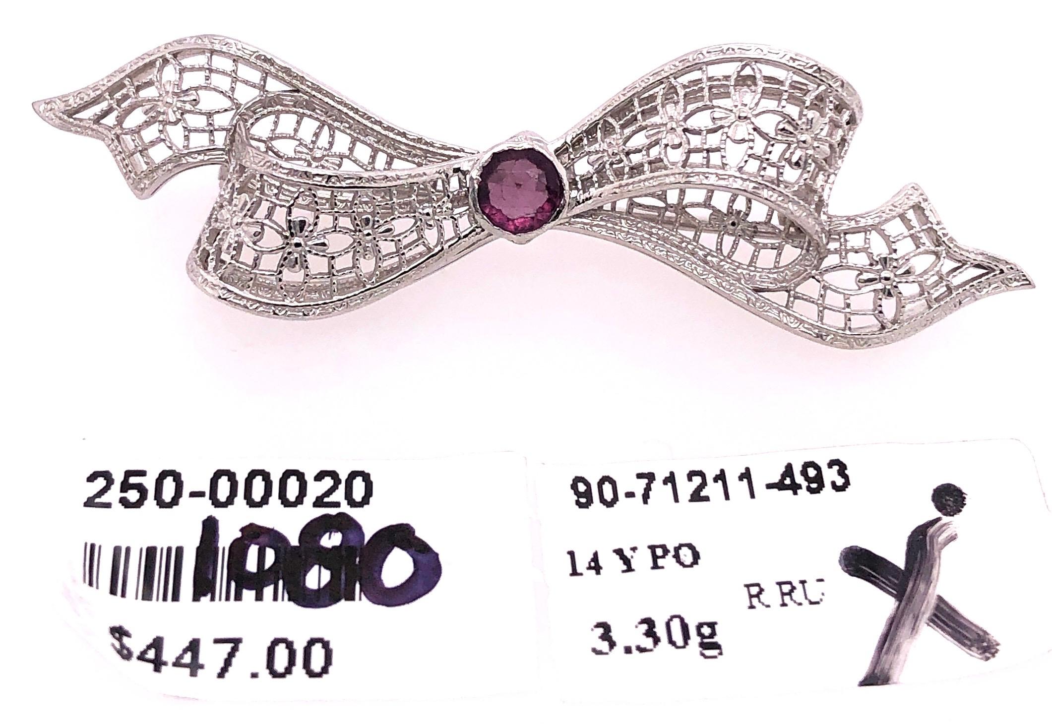 Women's or Men's 14 Karat White Gold Brooch Filigree Bow Design with Amethyst Center Stone Pin For Sale
