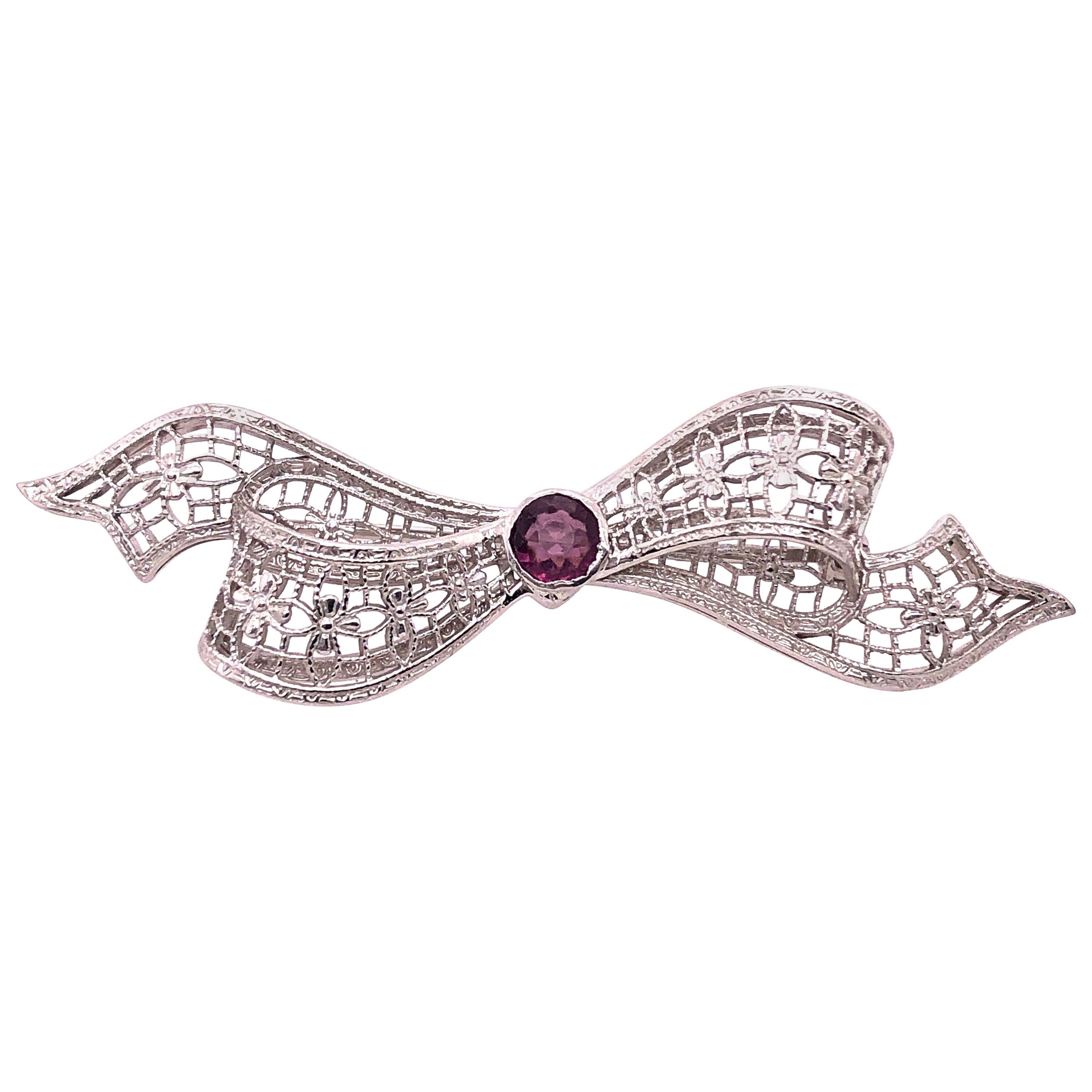 14 Karat White Gold Brooch Filigree Bow Design with Amethyst Center Stone Pin