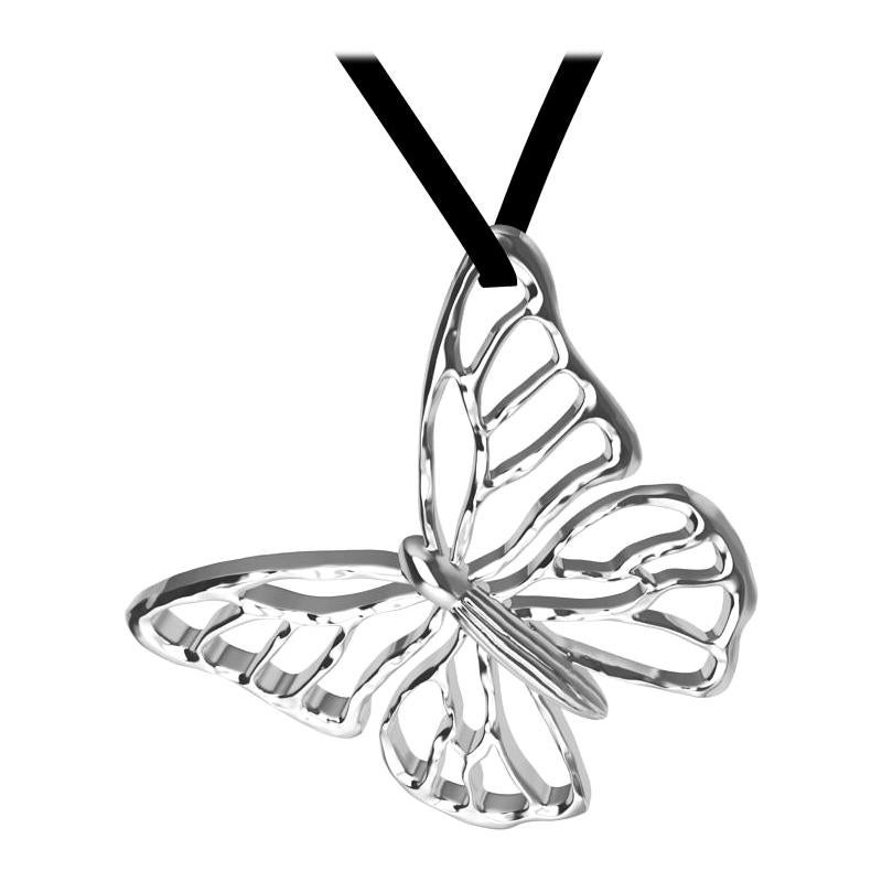 14 Karat White Gold 38 mm Butterfly Necklace on Suede For Sale