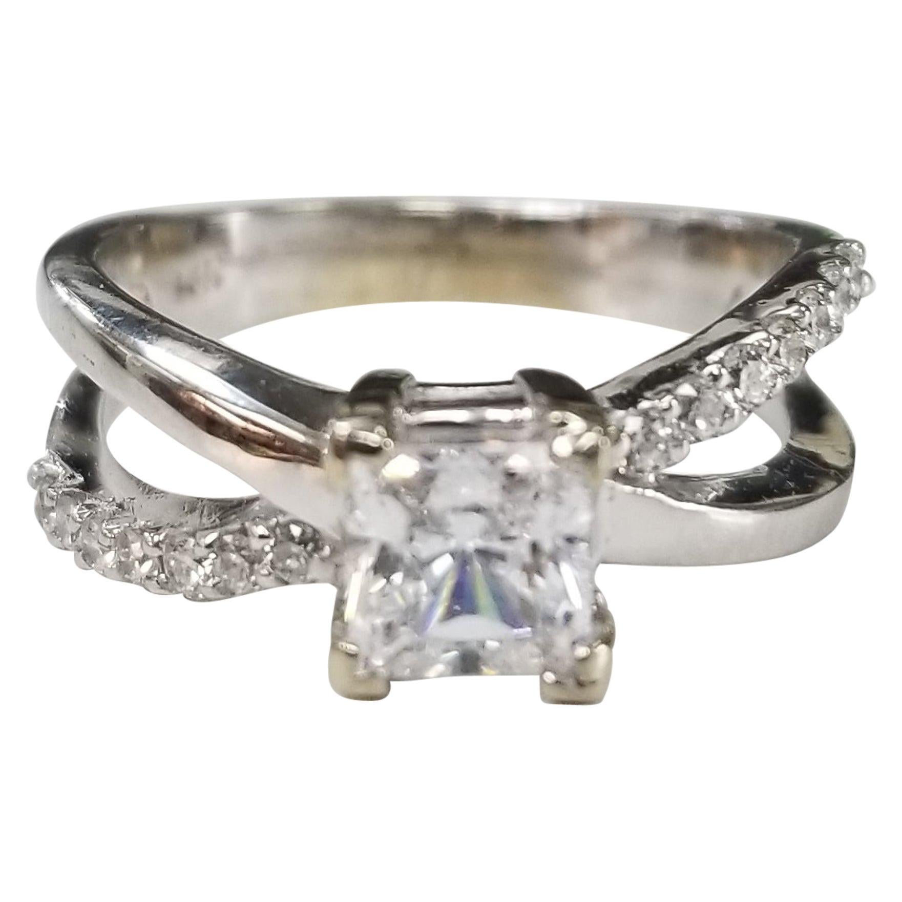 14 Karat White Gold Bypass Diamond Ring with Crystal Center For Sale