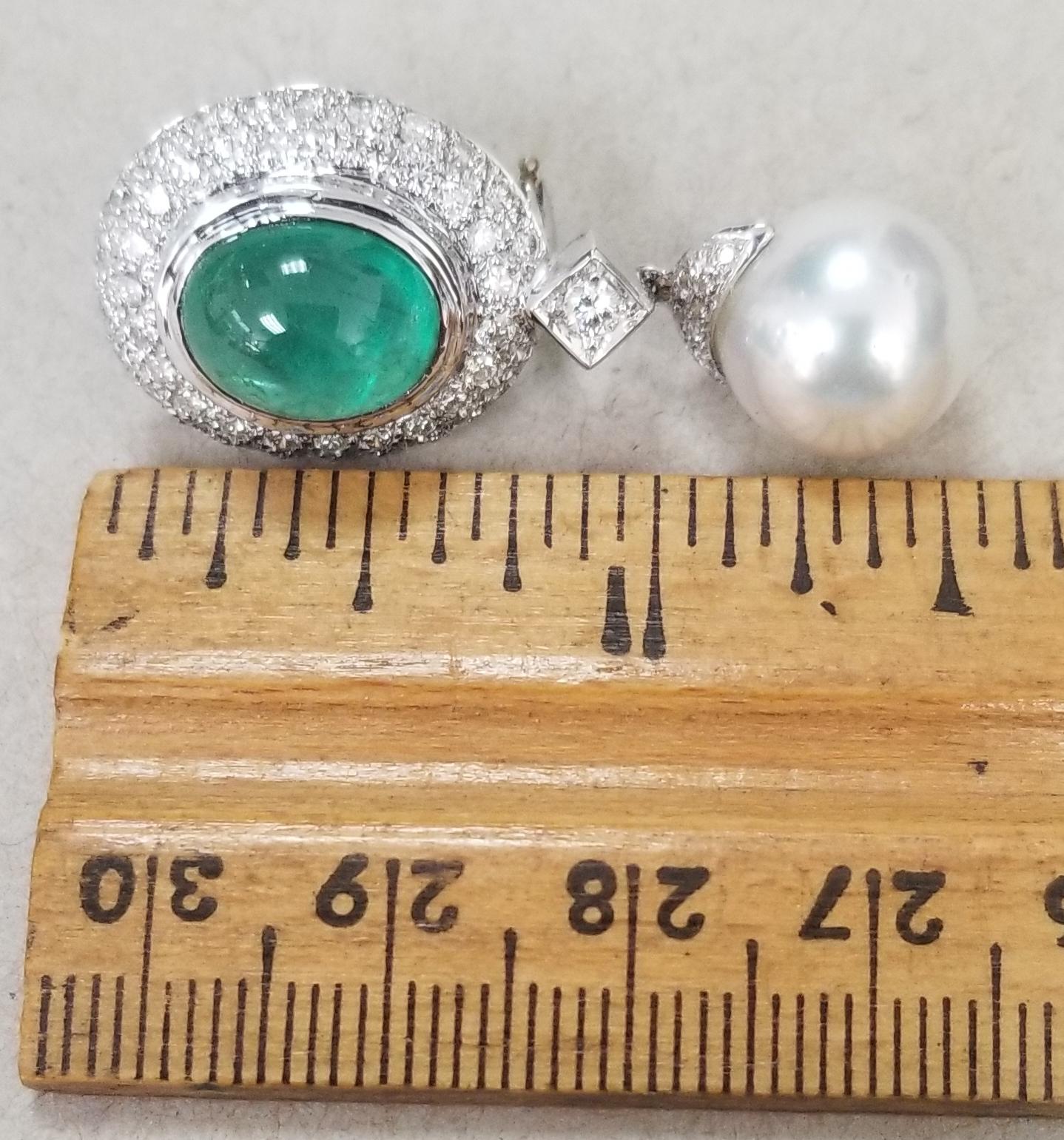 14 Karat White Gold Cabochon Emerald and Diamond Earrings 3