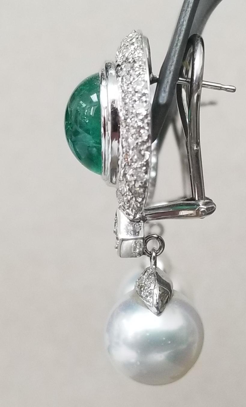 Art Deco 14 Karat White Gold Cabochon Emerald and Diamond Earrings