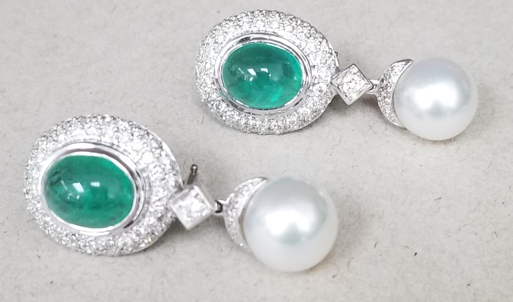Round Cut 14 Karat White Gold Cabochon Emerald and Diamond Earrings