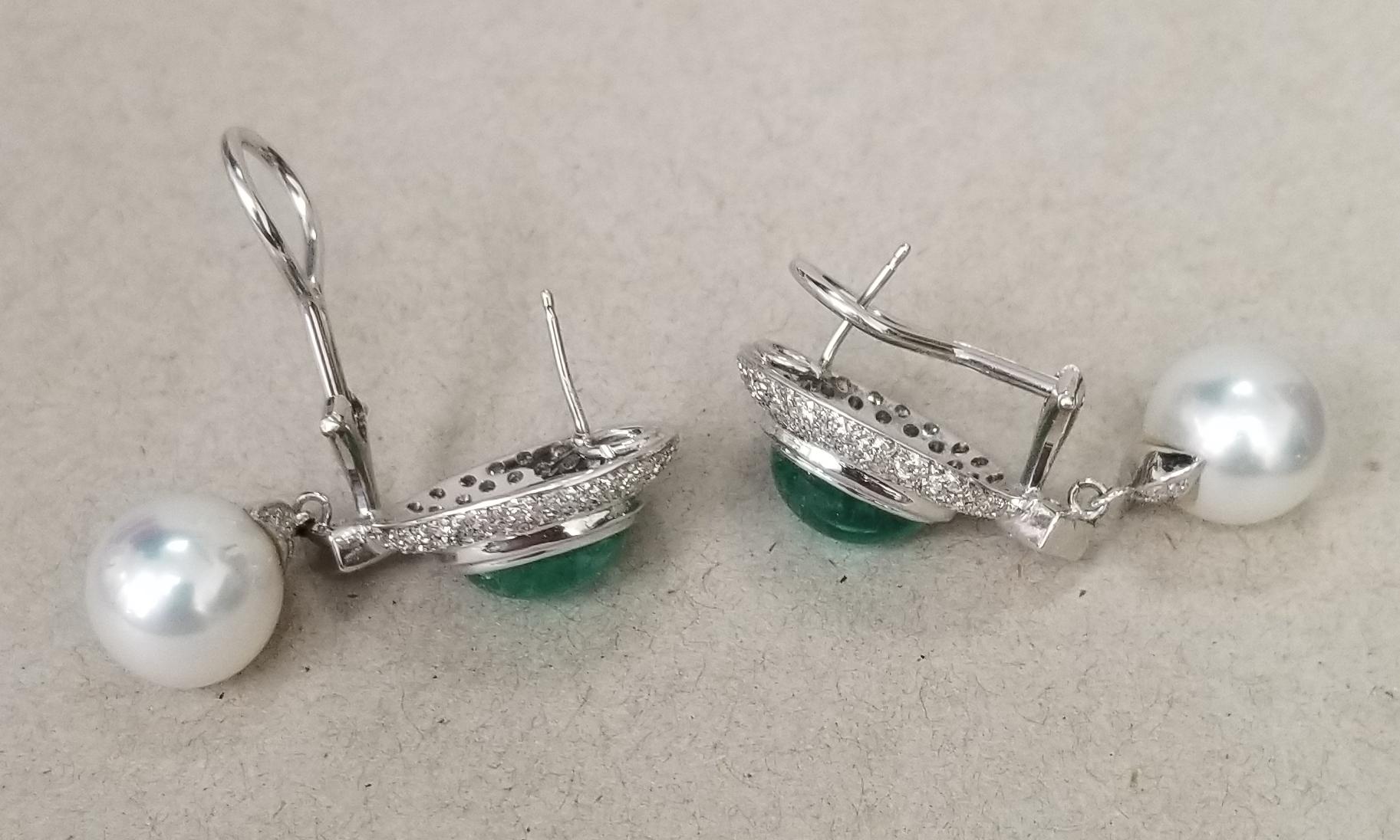 14 Karat White Gold Cabochon Emerald and Diamond Earrings In New Condition In Los Angeles, CA
