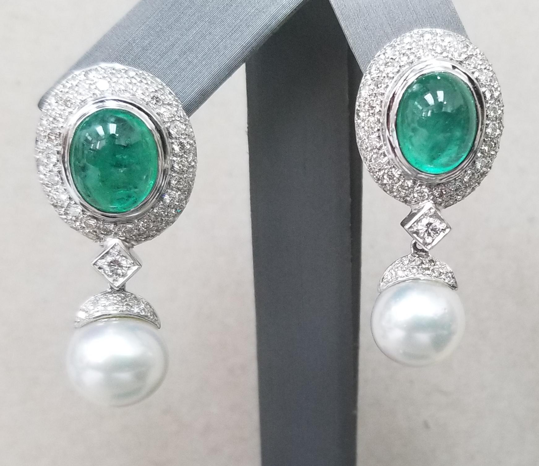 Women's 14 Karat White Gold Cabochon Emerald and Diamond Earrings