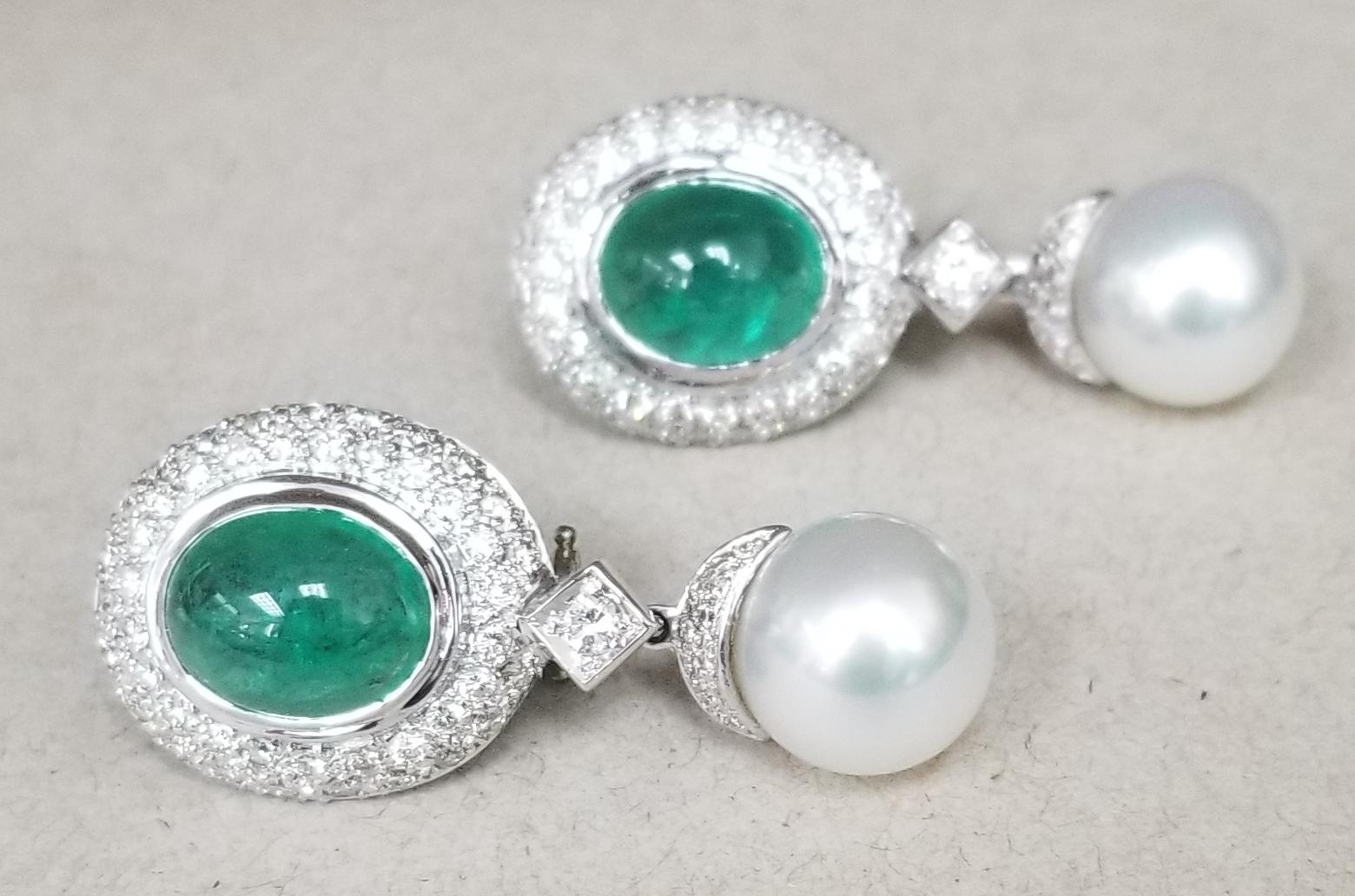 14 Karat White Gold Cabochon Emerald and Diamond Earrings 1