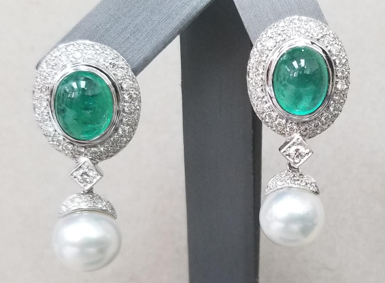 14 Karat White Gold Cabochon Emerald and Diamond Earrings 2