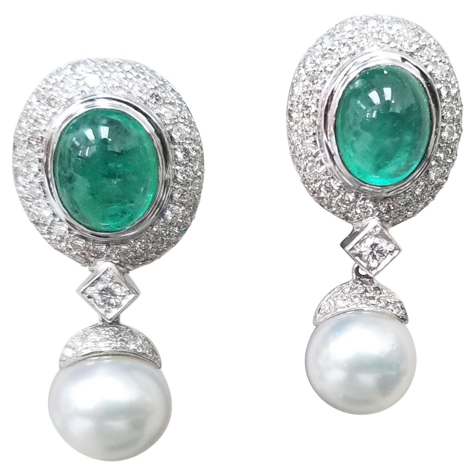 14 Karat White Gold Cabochon Emerald and Diamond Earrings