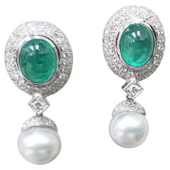 14 Karat White Gold Cabochon Emerald and Diamond Earrings