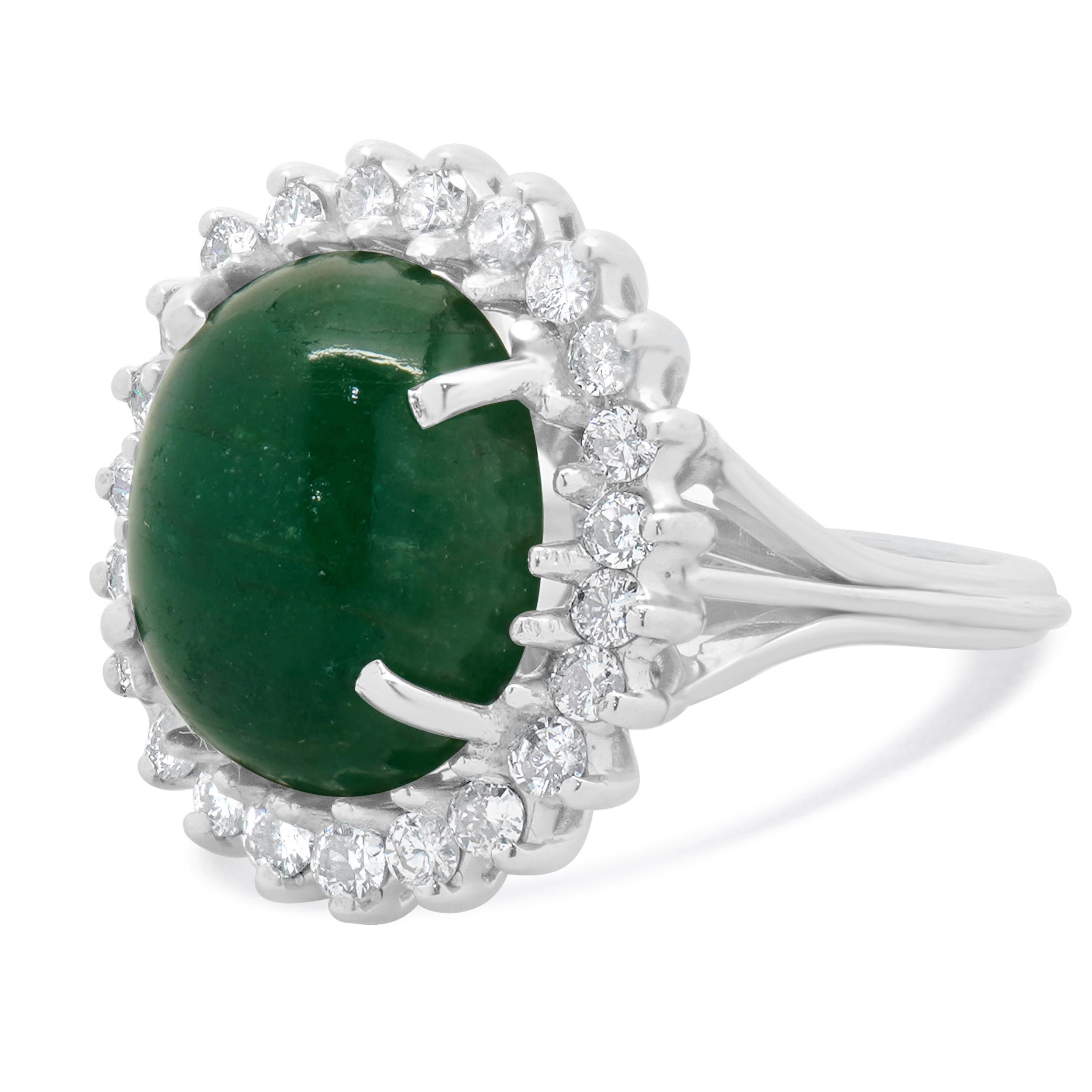 Material: 14K white gold
Emerald: 1 cabochon cut = 7.30cttw
Diamond: 23 round cut = 0.70cttw
Ring Size: 4.75 (please allow up to 2 additional business days for sizing requests)
Weight: 7.70 grams