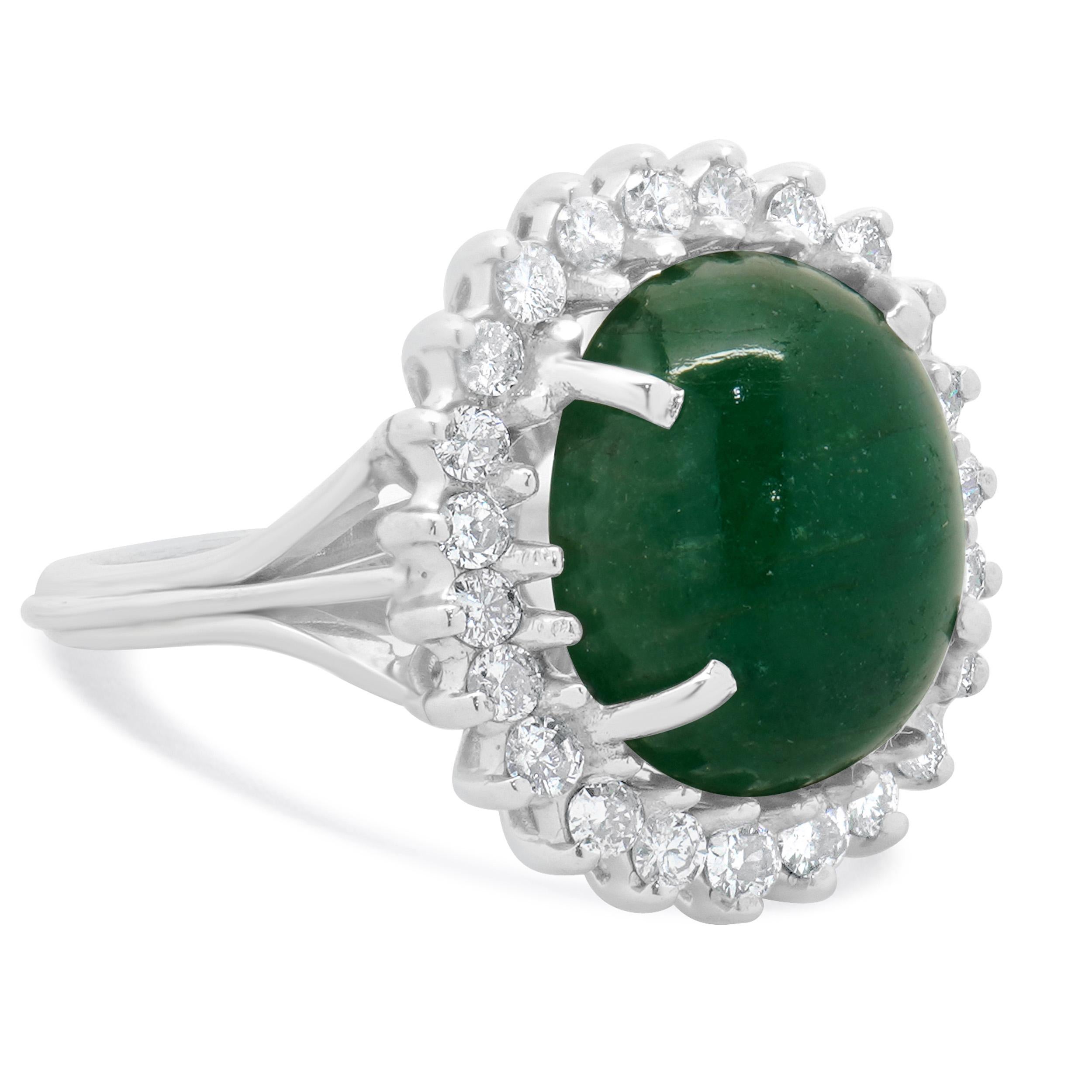 Women's 14 Karat White Gold Cabochon Emerald With Diamond Halo Ring For Sale