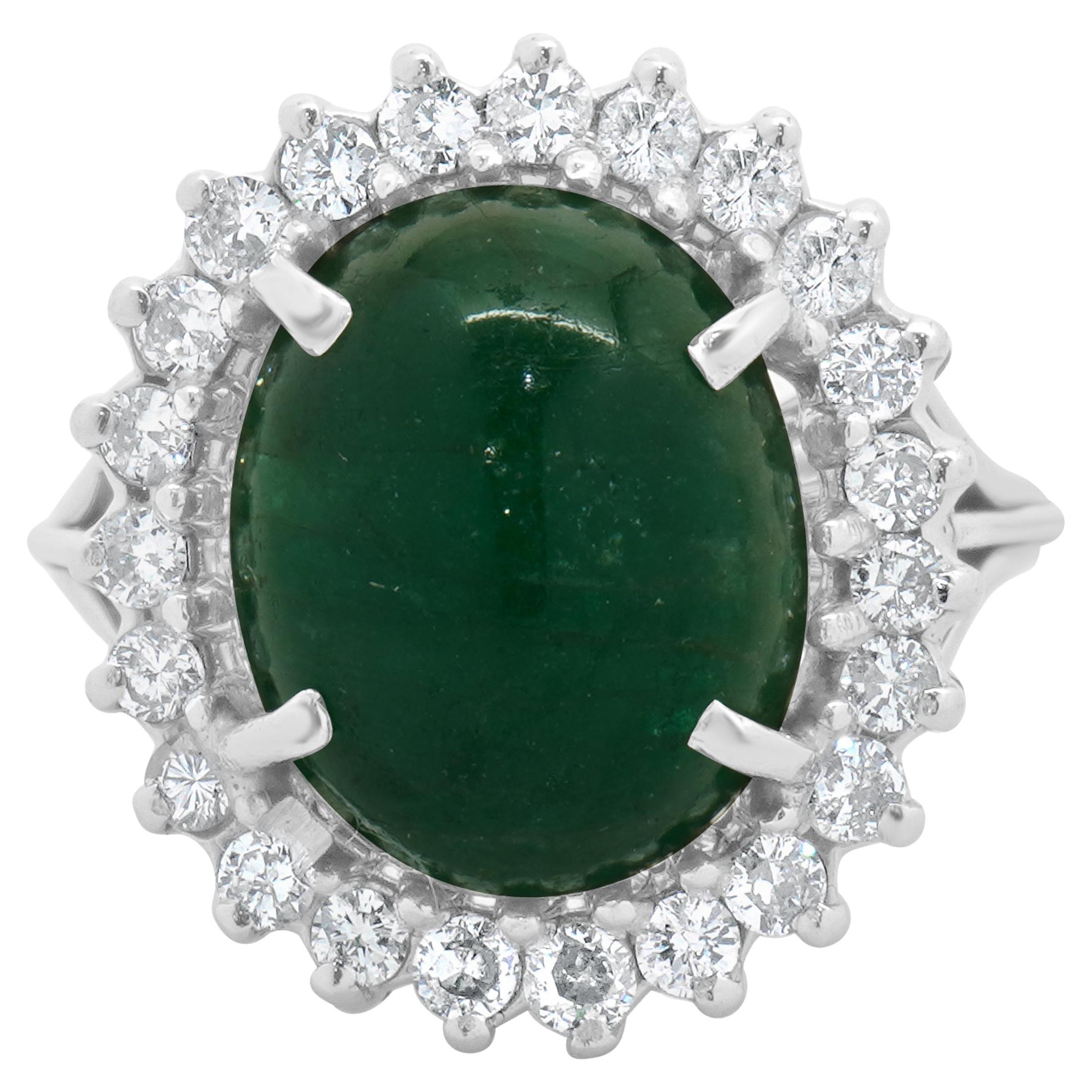 14 Karat White Gold Cabochon Emerald With Diamond Halo Ring For Sale
