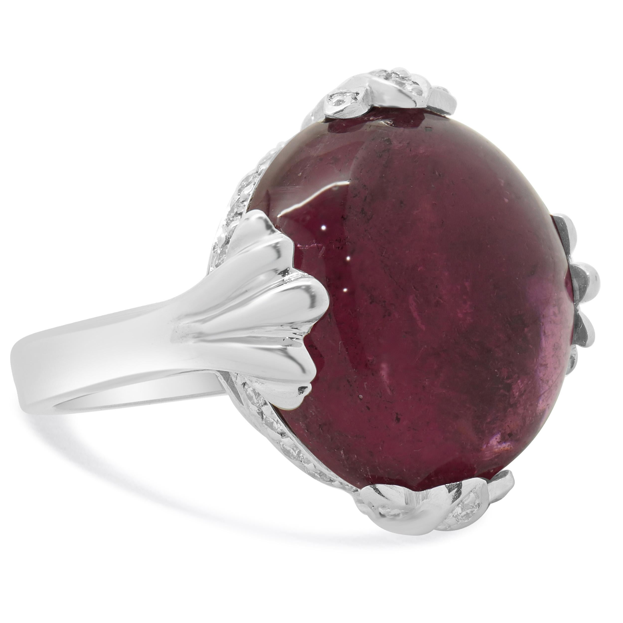 14 Karat White Gold Cabochon Pink Tourmaline and Diamond Ring In Excellent Condition For Sale In Scottsdale, AZ
