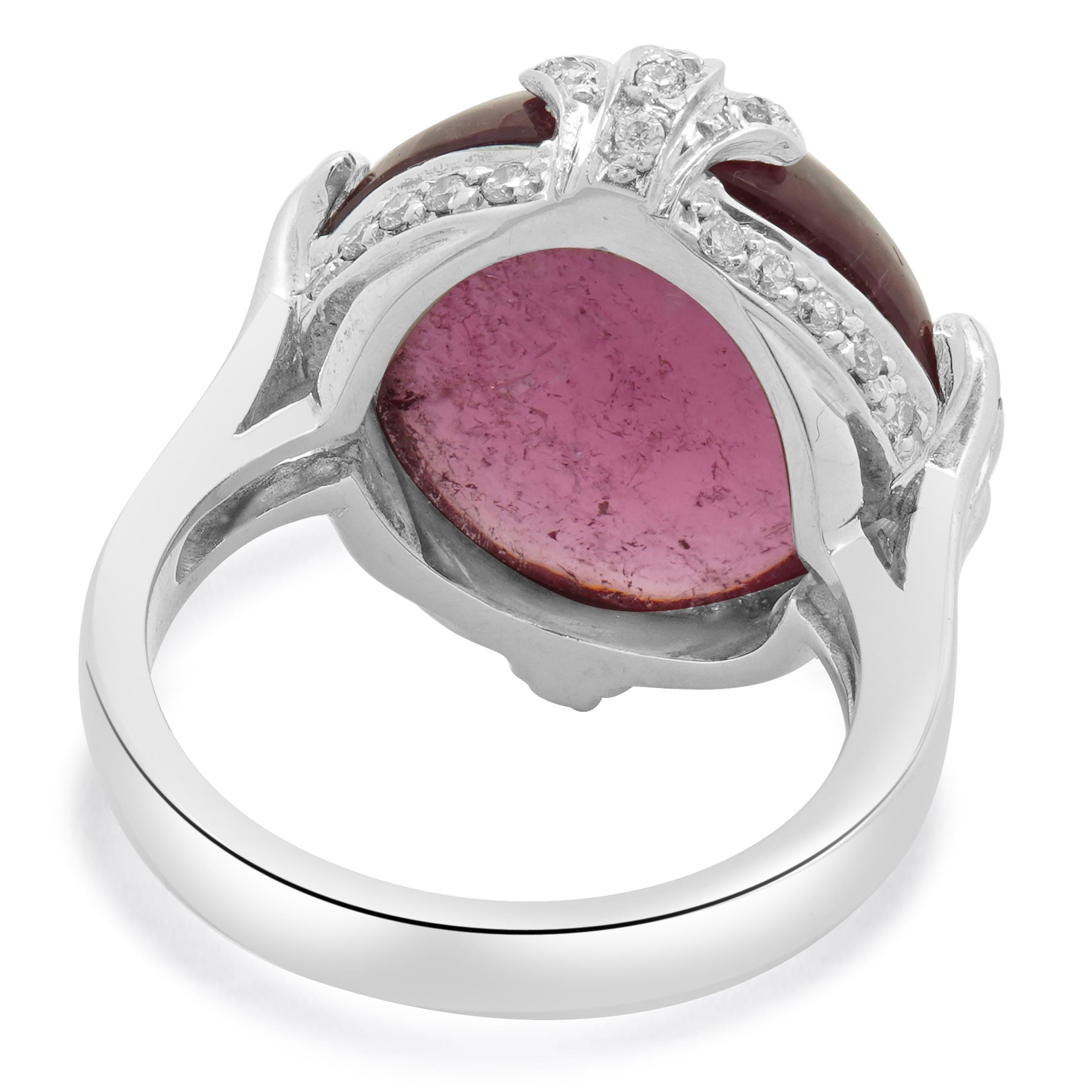 Women's 14 Karat White Gold Cabochon Pink Tourmaline and Diamond Ring For Sale