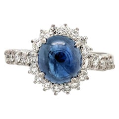 14 Karat White Gold Cabochon Sapphire and Diamond Halo Ring