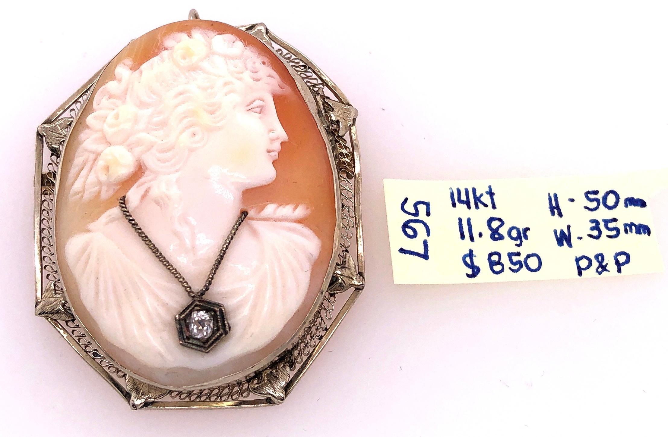 14 Karat White Gold Cameo Brooch and Pendant Woman Profile with Diamond Necklace For Sale 1