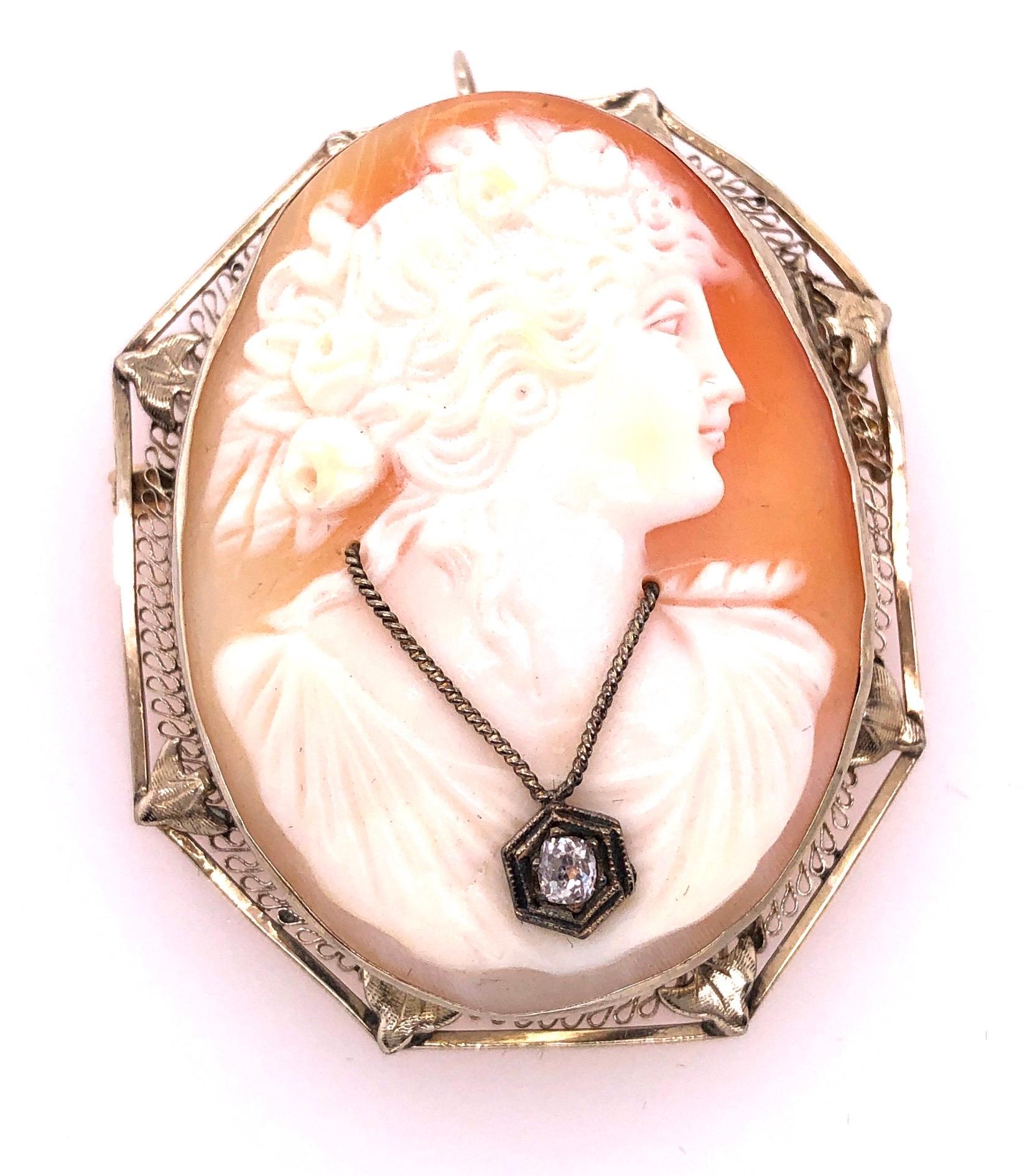 14 Karat White Gold Cameo Brooch and Pendant Woman Profile With Diamond Necklace
11.8 grams total weight.
Height: 50 mm
Width: 35 mm