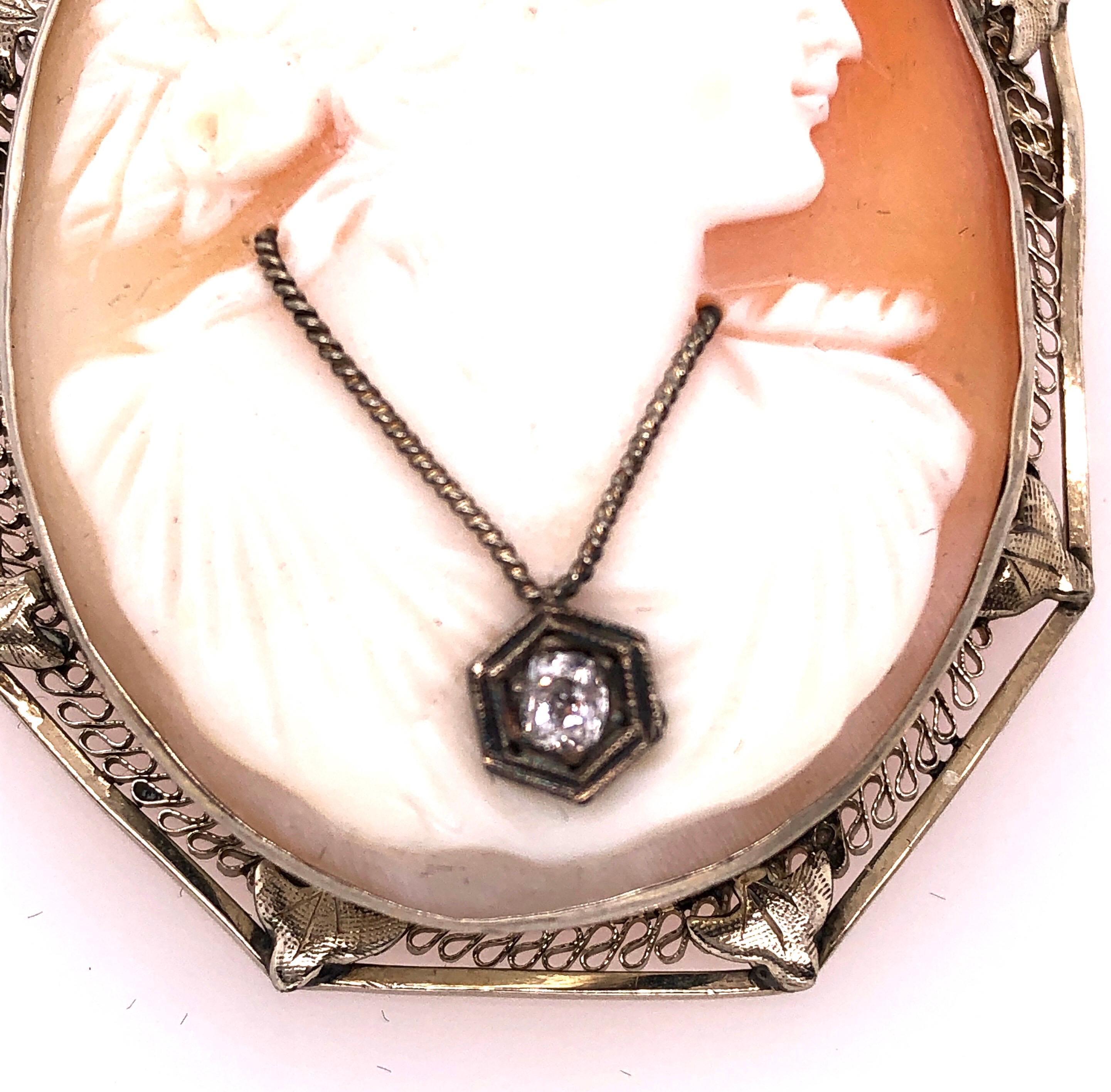 Round Cut 14 Karat White Gold Cameo Brooch and Pendant Woman Profile with Diamond Necklace For Sale