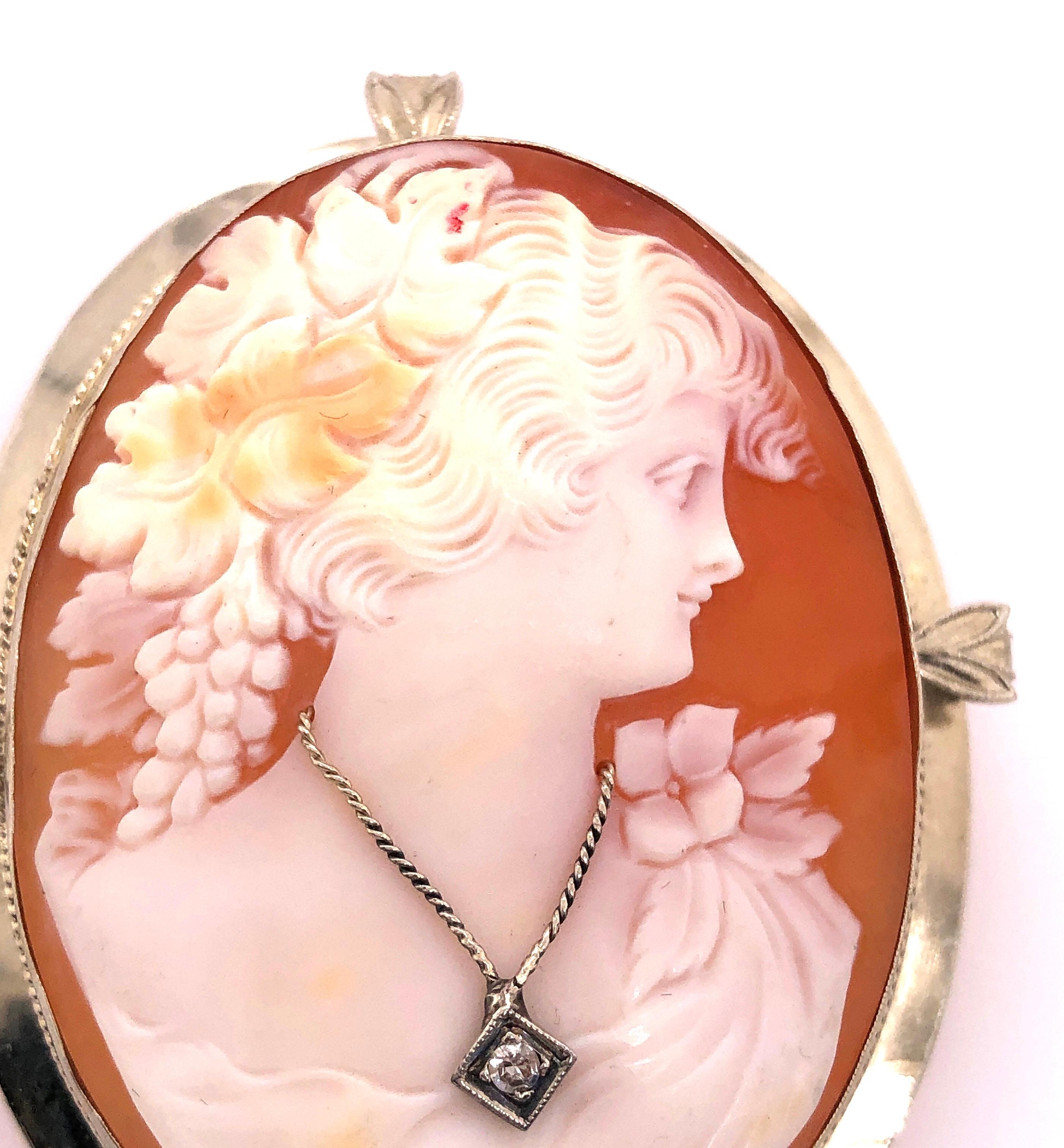 Round Cut 14 Karat White Gold Cameo Brooch and Pendant Woman Profile with Diamond Necklace For Sale