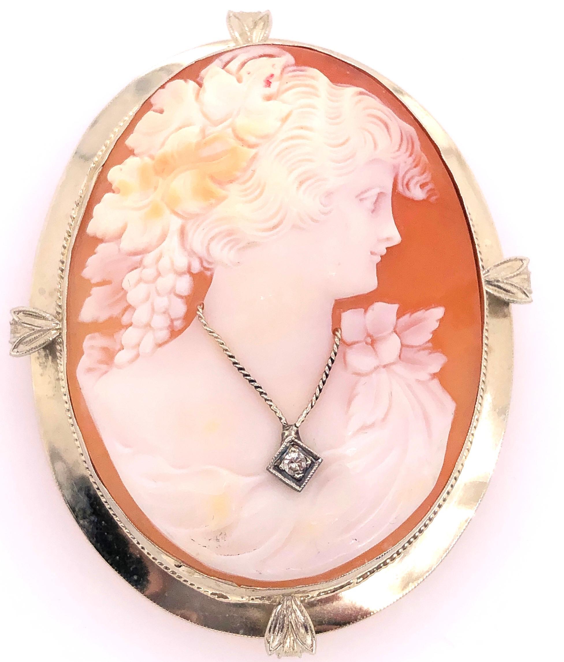 Women's or Men's 14 Karat White Gold Cameo Brooch and Pendant Woman Profile with Diamond Necklace For Sale