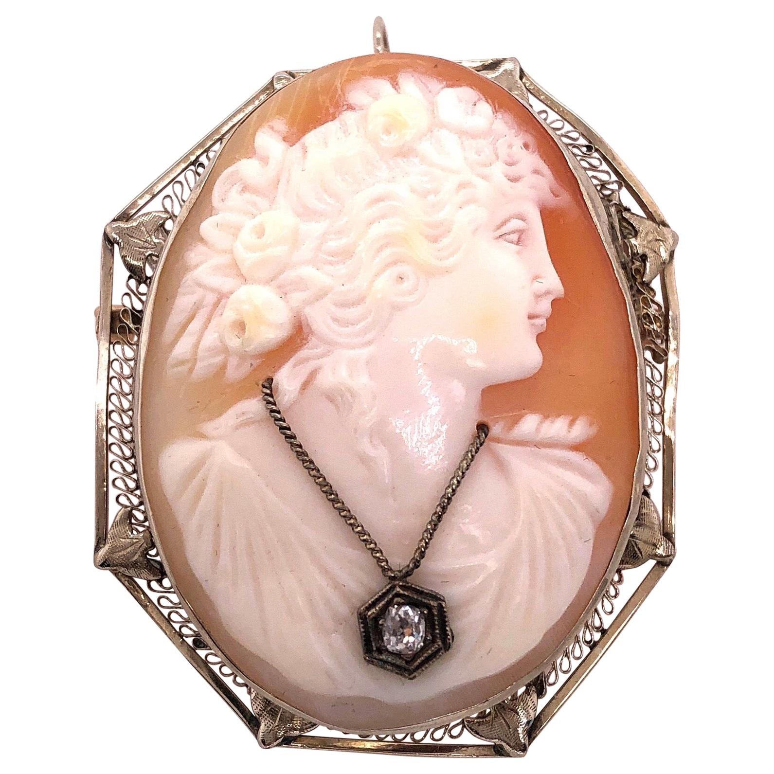 Broche camée et pendentif en or blanc 14 carats avec profil de femme et collier de diamants