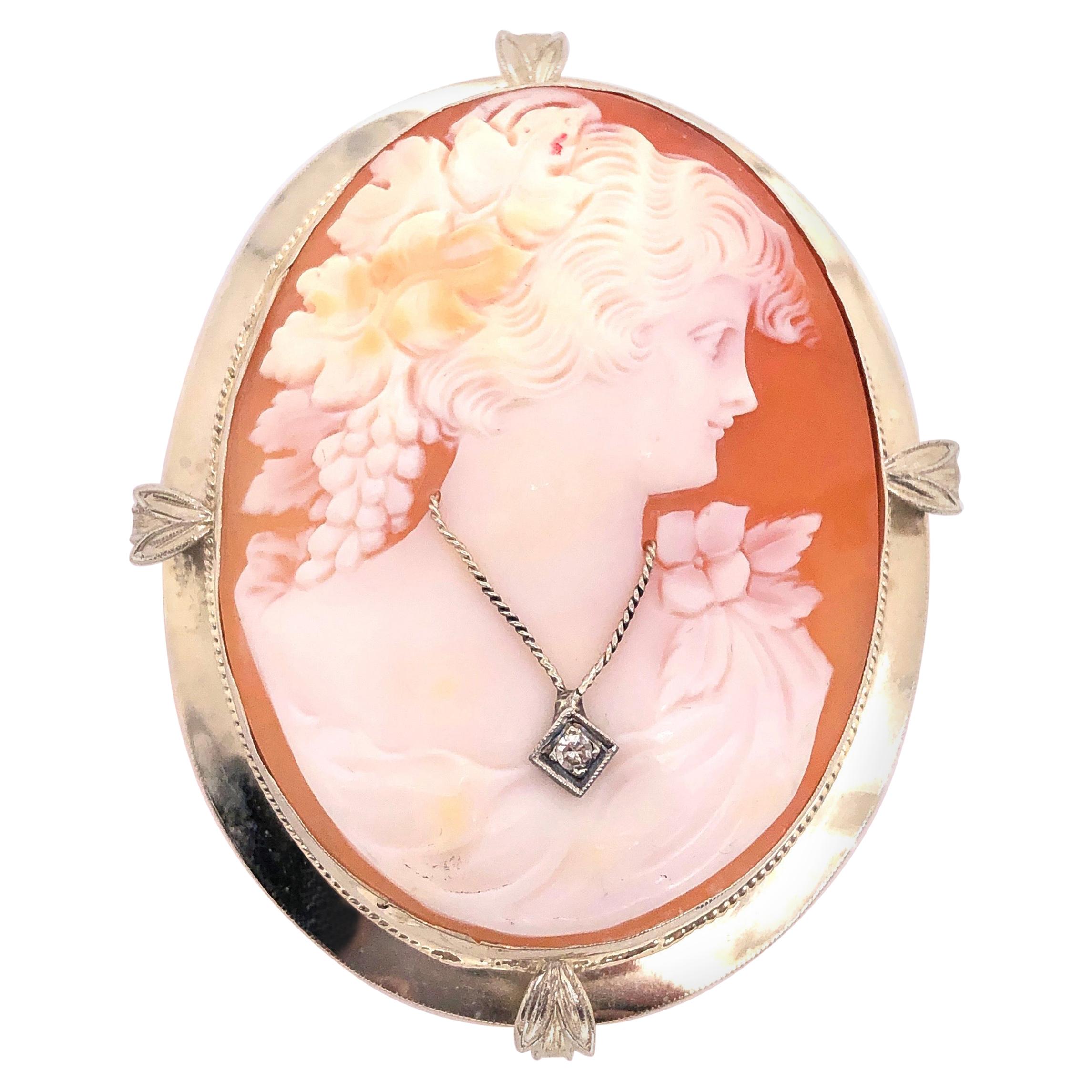 14 Karat White Gold Cameo Brooch and Pendant Woman Profile with Diamond  Necklace