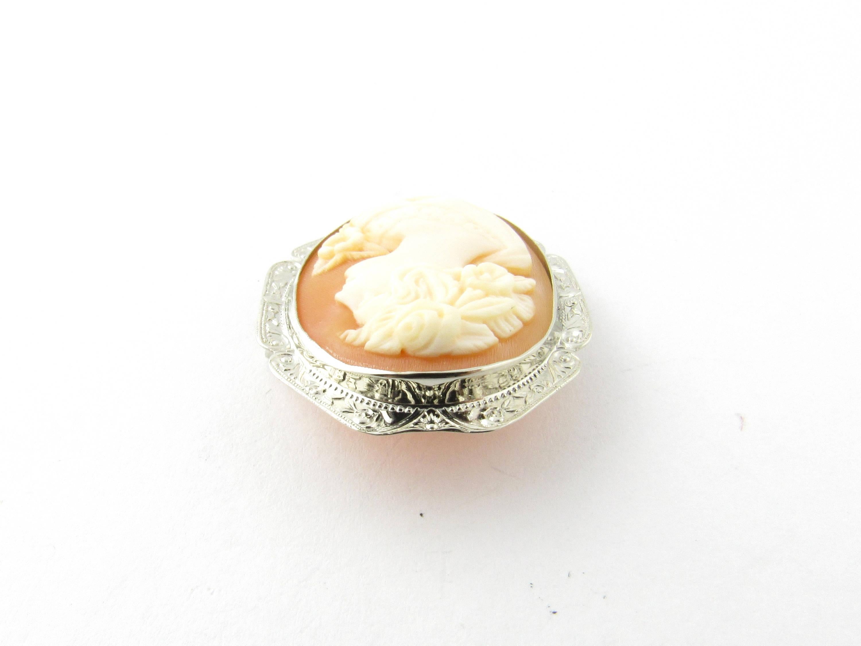 Vintage 14 Karat White Gold Cameo Brooch- 
This classic cameo brooch depicts a lovely lady in profile framed in delicate white gold filigree. 
Size:  30 mm x  23 mm 
Weight:  2.6 dwt. /  4.1 gr. 
Hallmark: 14K 
Very good condition, professionally