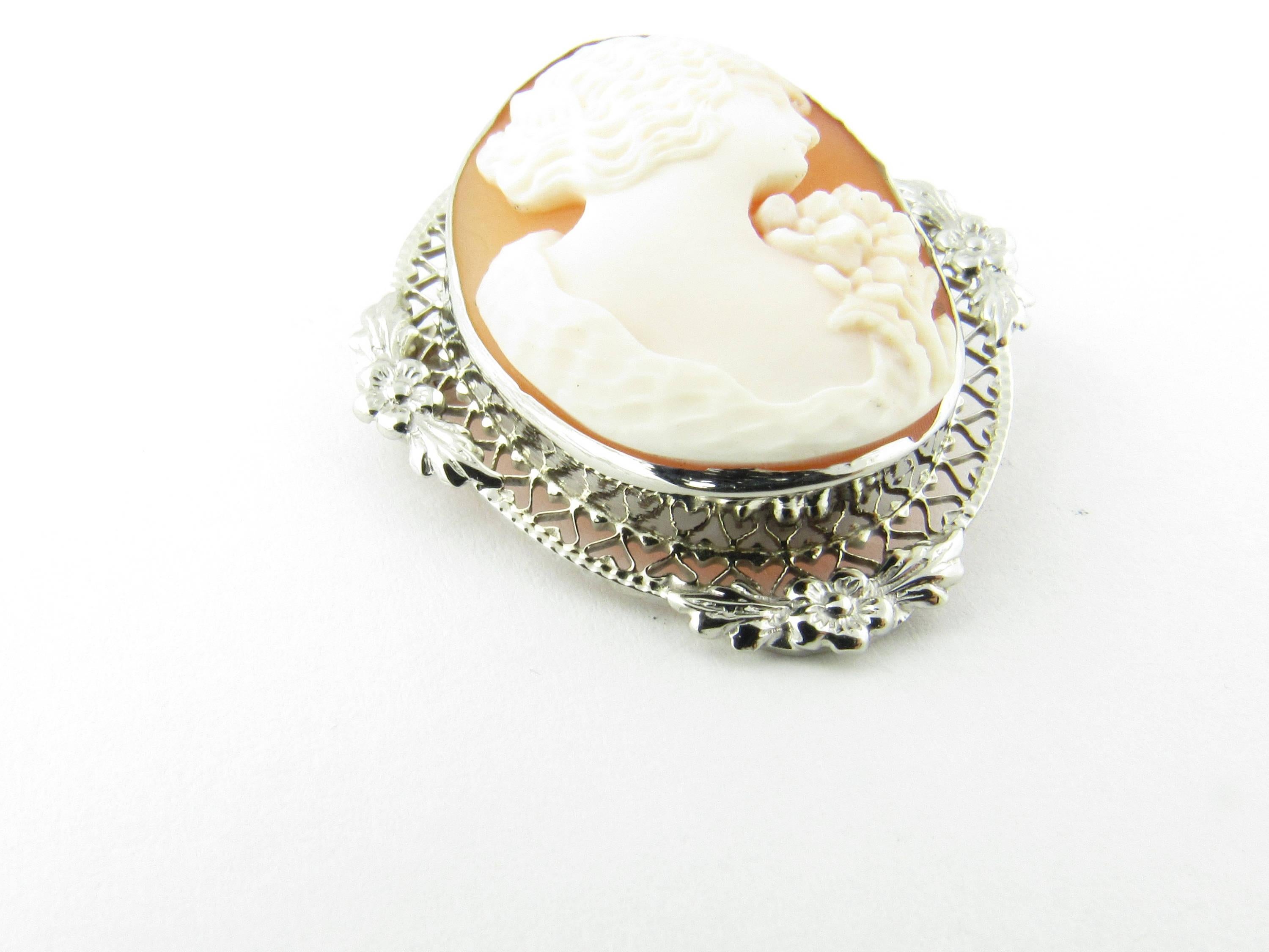 Vintage 14 Karat White Gold Cameo Brooch/Pendant-

This lovely cameo features a lovely lady in profile framed in exquisite white gold filigree. Can be worn as a pendant or a brooch.

Size: 33 mm x 29 mm

Weight: 3.6 dwt. / 5.6 gr.

Hallmark: