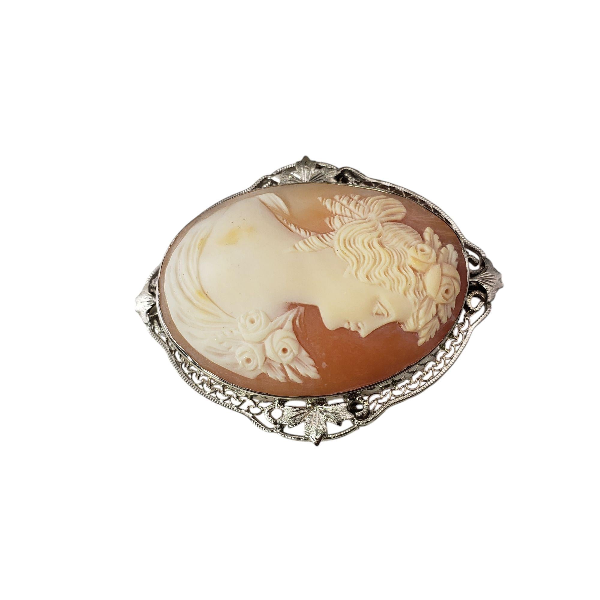 14K White Gold Cameo Brooch/Pendant-

This timeless cameo features a delicately carved lady in profile, combining classic elegance with intricate craftsmanship. This stunning piece is framed by an exquisite filigree setting in 14K white gold. Can be