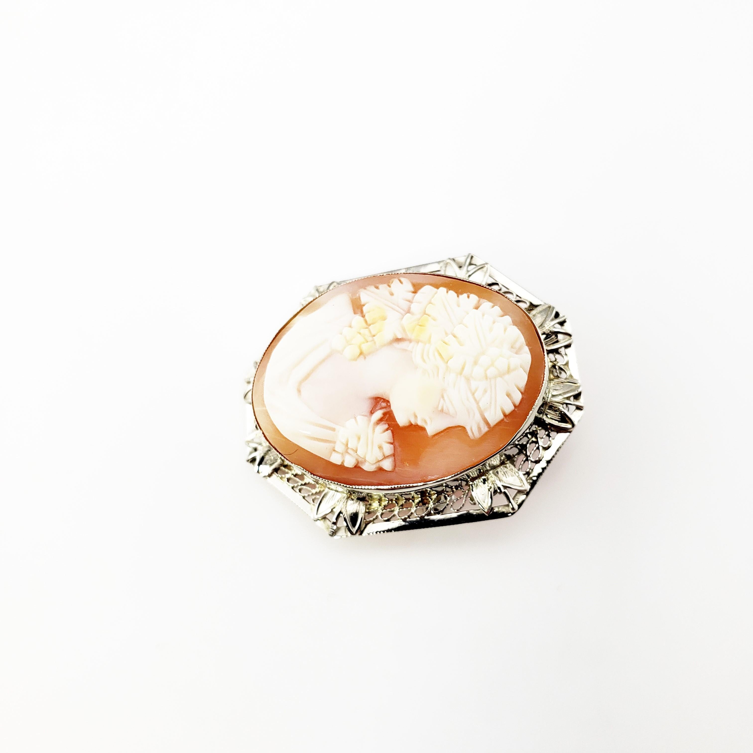 Vintage 14 Karat White Gold Cameo Brooch / Pendant

This elegant cameo features a lovely lady in profile set in beautifully detailed 14K white gold filigree. Can be worn as a brooch or a pendant.

Size: 30 mm x 24 mm

Weight: 3.7 dwt. / 5.9