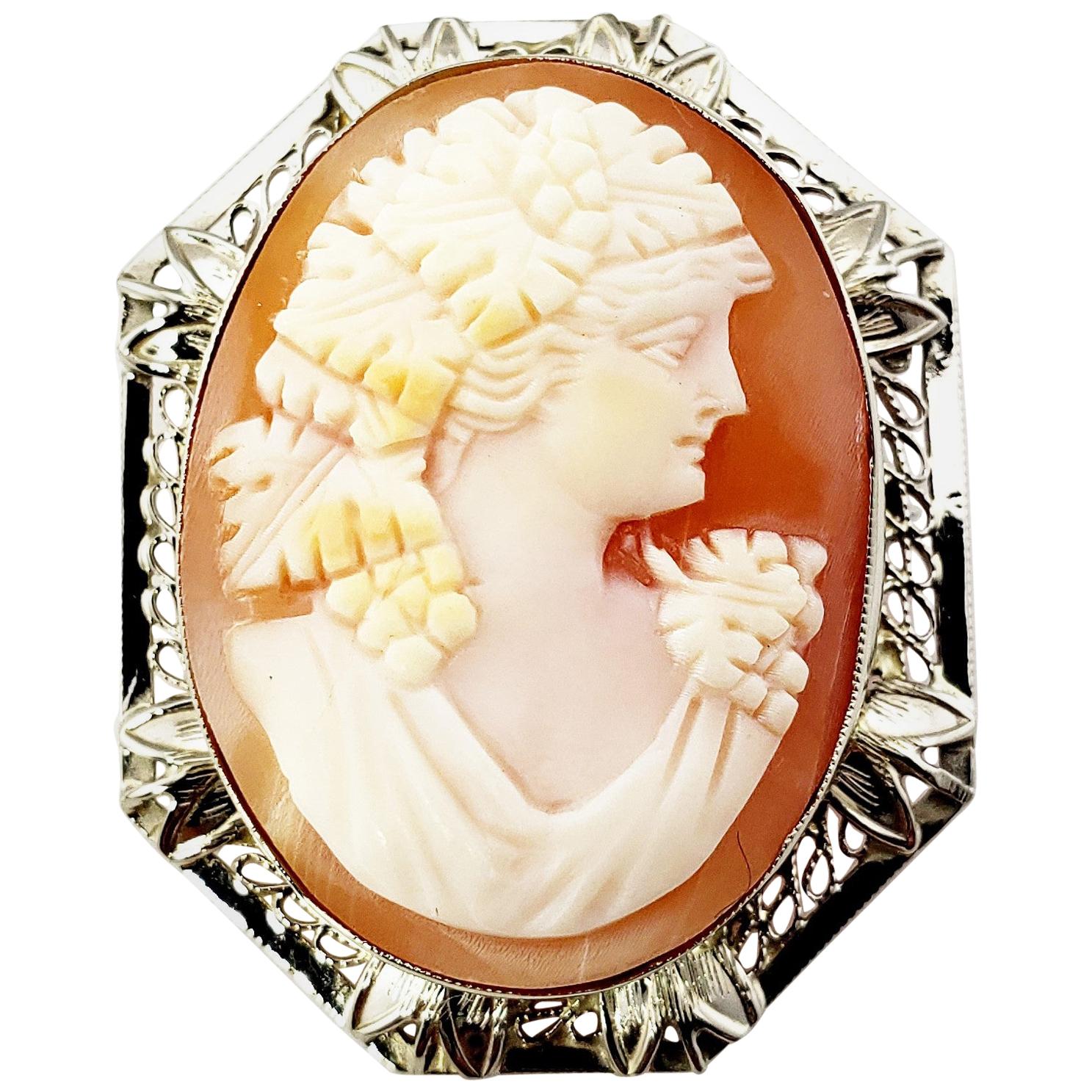 14 Karat White Gold Cameo Brooch / Pendant