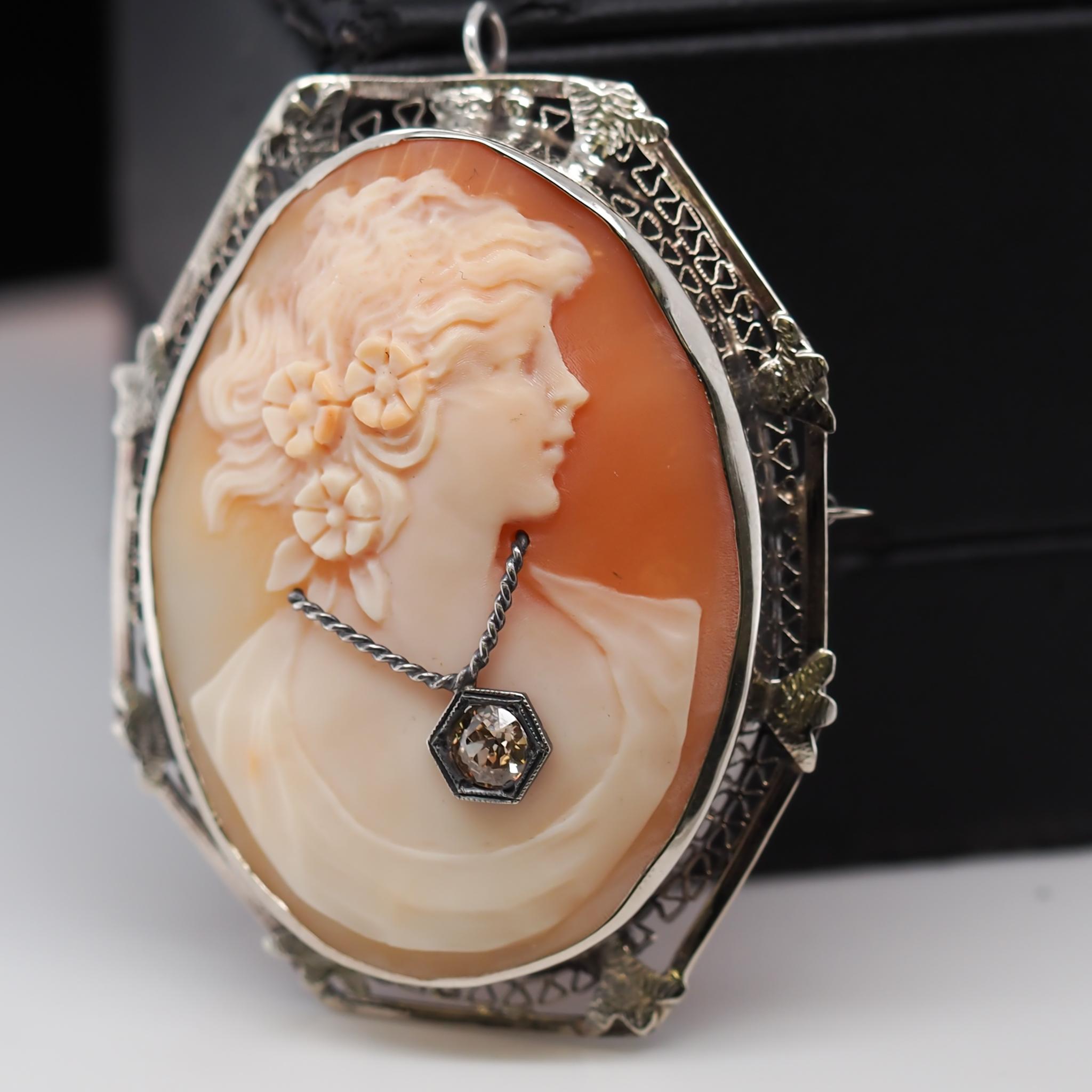 14 Karat White Gold Cameo Brooch Pin .20 Carat Fancy Brown Old Miner Necklace In Good Condition For Sale In Atlanta, GA