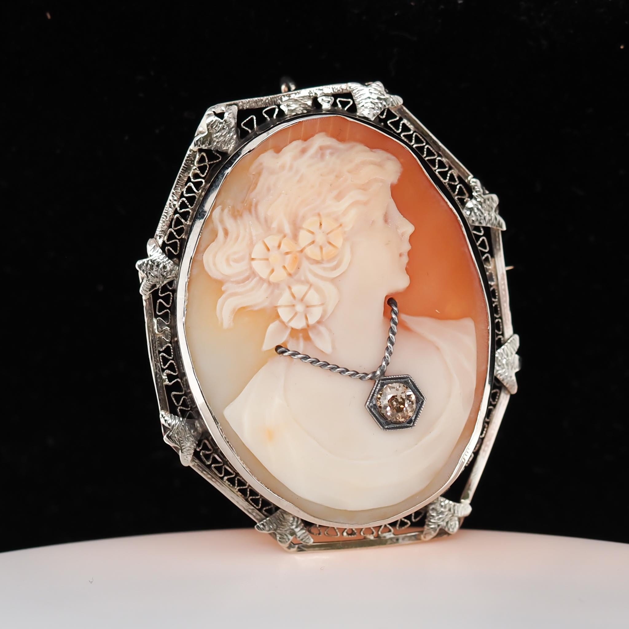 Women's or Men's 14 Karat White Gold Cameo Brooch Pin .20 Carat Fancy Brown Old Miner Necklace For Sale