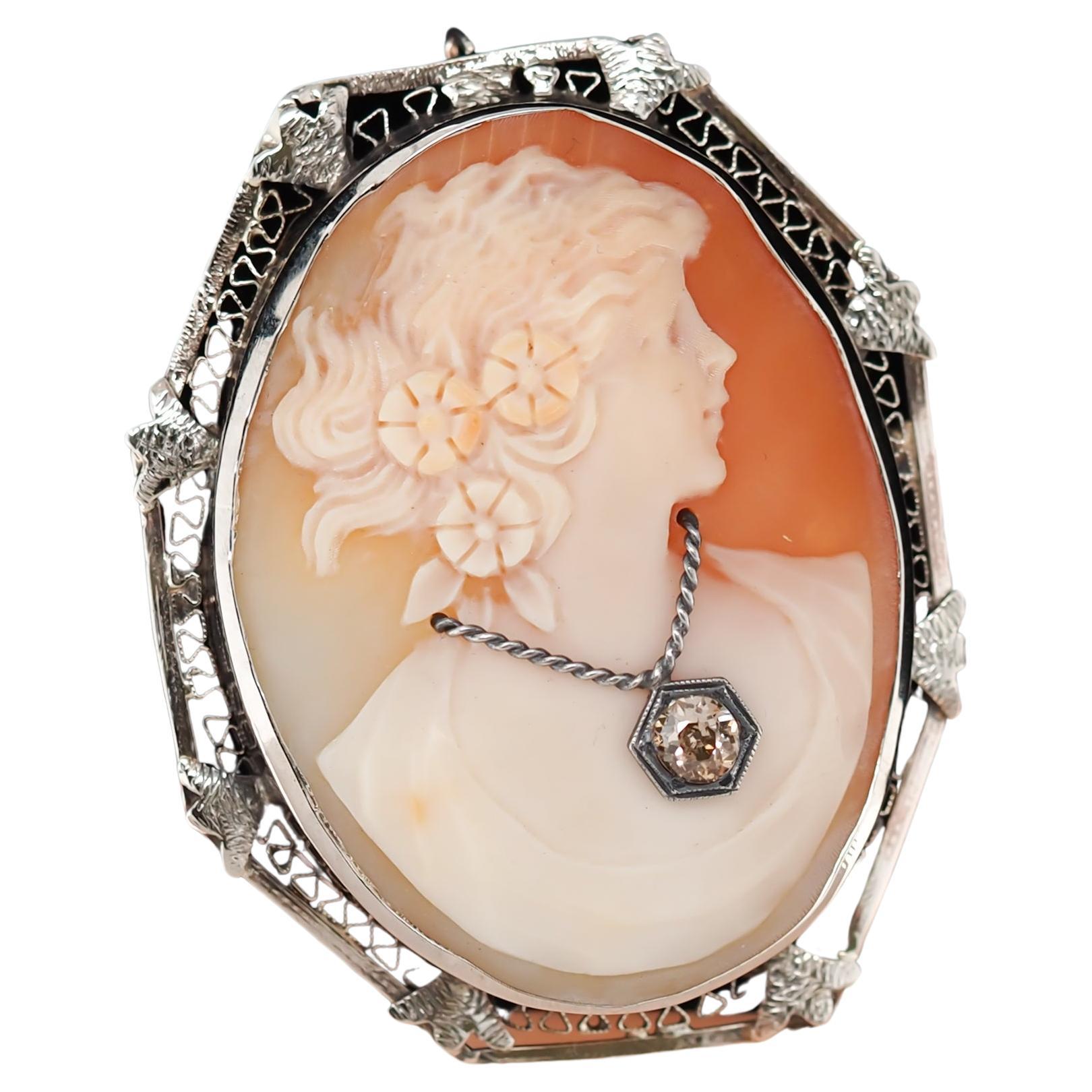 14 Karat White Gold Cameo Brooch Pin .20 Carat Fancy Brown Old Miner Necklace For Sale