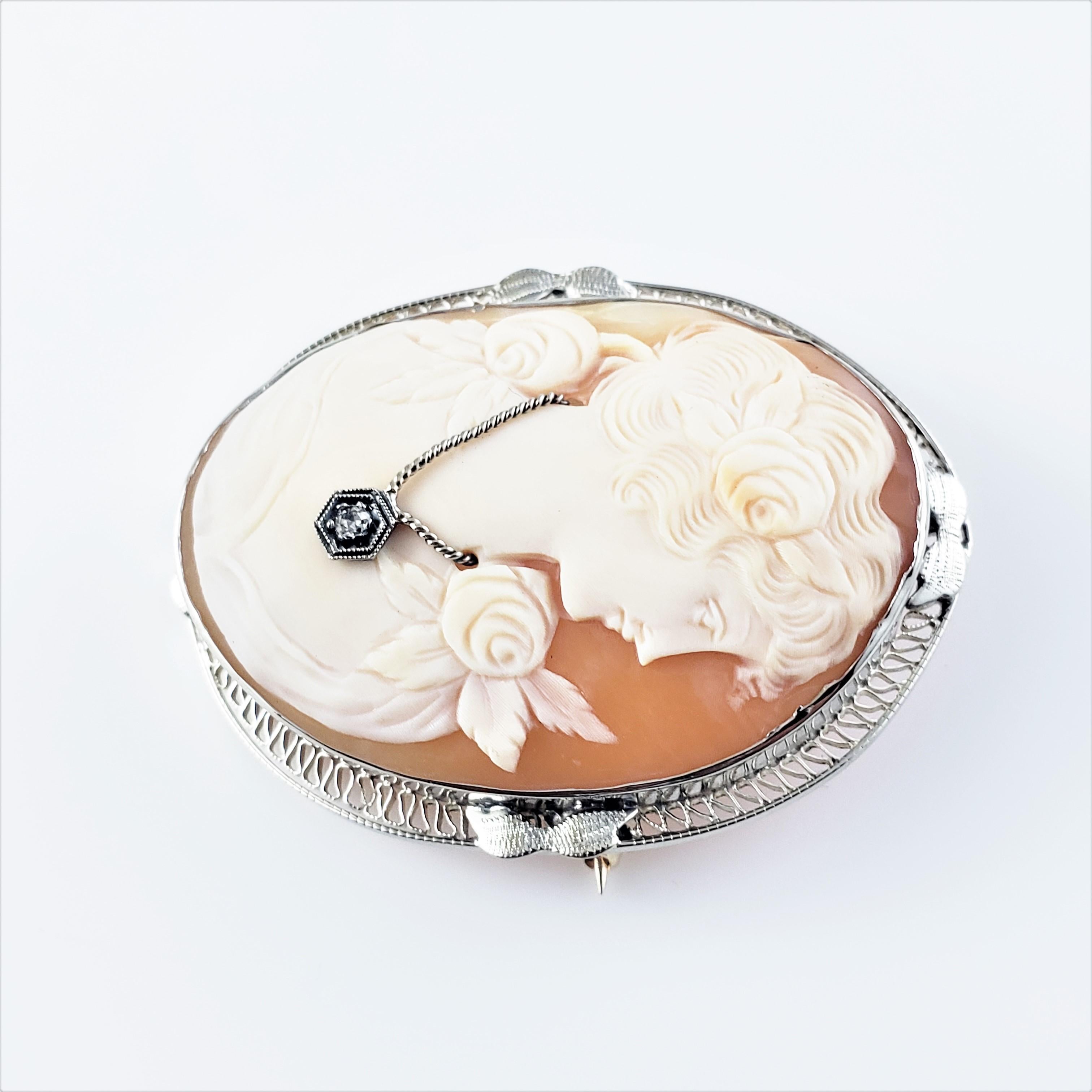 14 Karat White Gold Cameo Brooch/Pin-

This elegant cameo features a lovely lady in profile framed in beautifully detailed 14K white gold filigree.  Accented with one round single cut diamond.

Approximate total diamond weight:  .01 ct.

Diamond