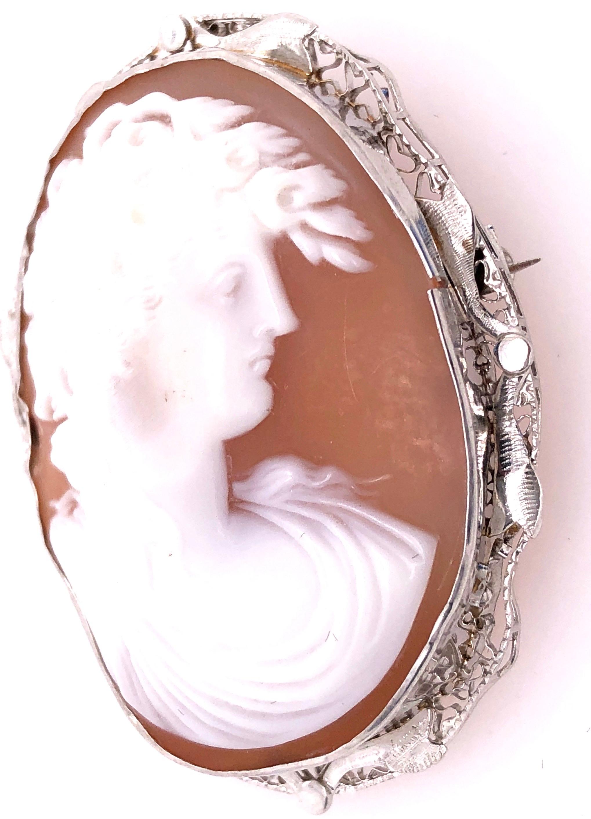 14 Karat White Gold Cameo Pendant/Brooch.
7.09 grams total weight
Height: 45 mm
Width: 30 mm