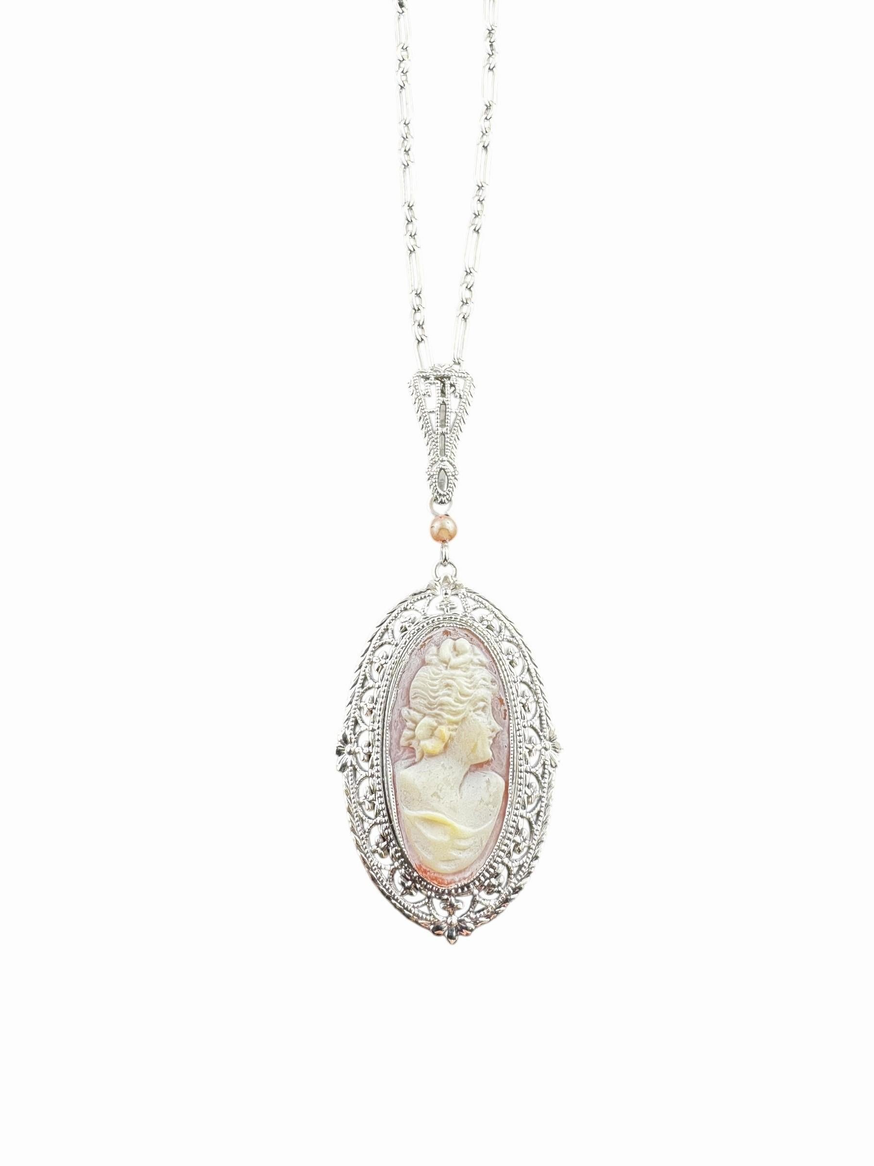 Collier à pendentif camée en or blanc 14 carats-

Cet élégant pendentif en forme de camée représente une jolie dame de profil, sertie dans de l'or blanc 14 carats magnifiquement détaillé. Le collier est suspendu à une chaîne à maillons