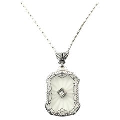 14 Karat White Gold Camphor Glass and Diamond Pendant Necklace #15607