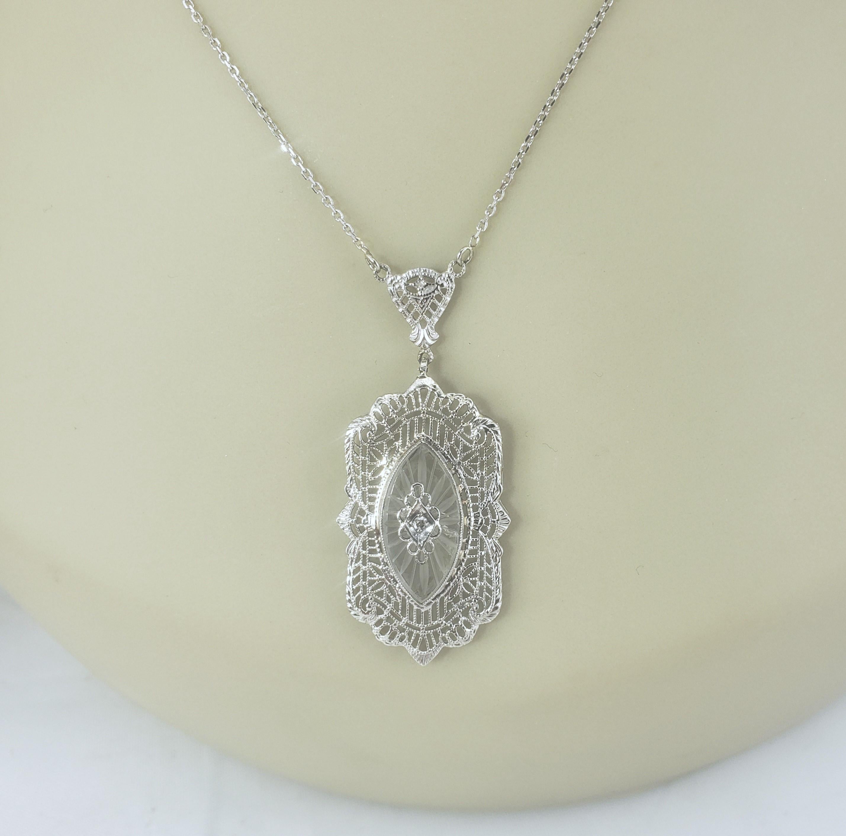 14 Karat White Gold Camphor Glass Diamond Pendant Necklace #16765 For Sale 4
