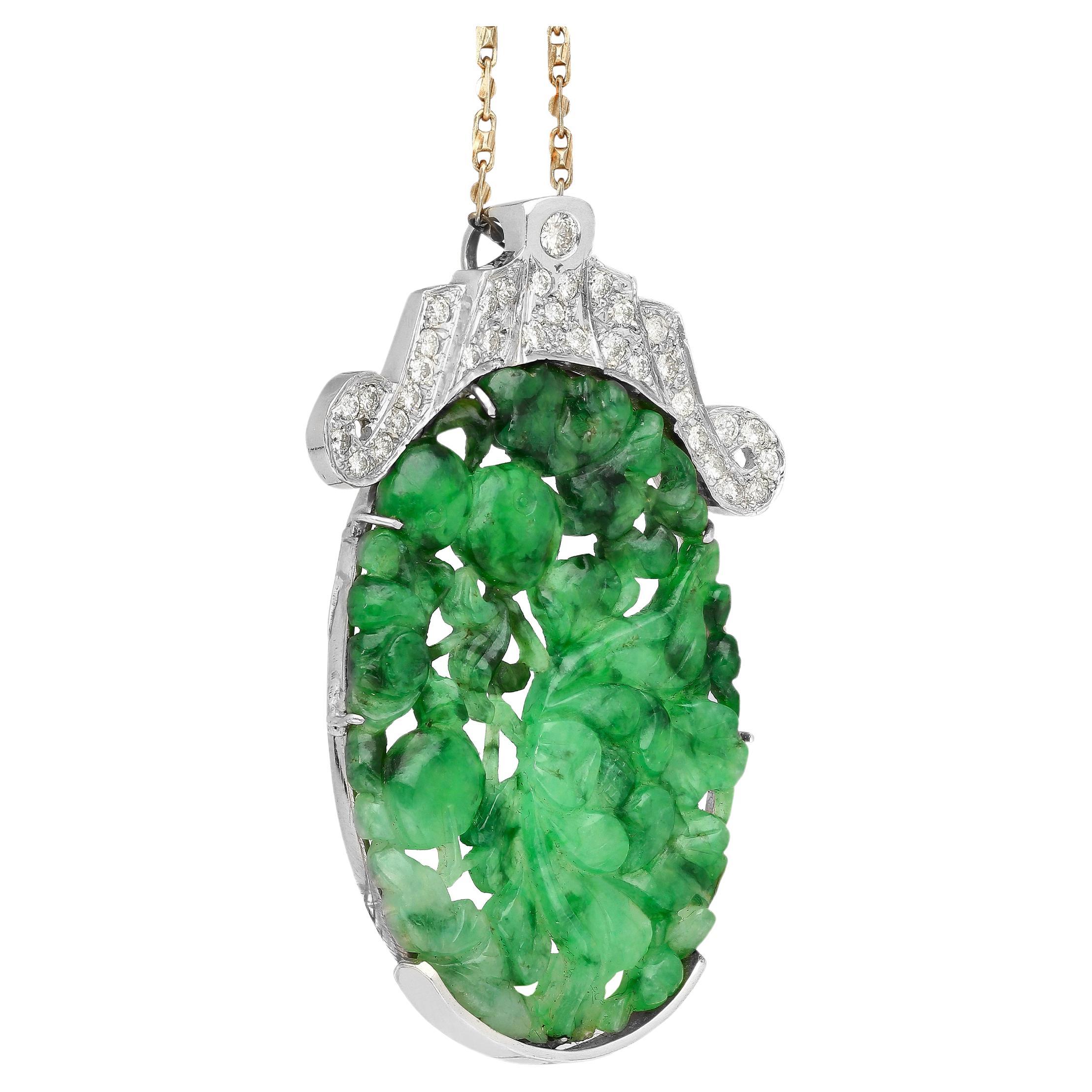 14 Karat White Gold Carved Grade "A" Jadeite Jade Pendant Necklace