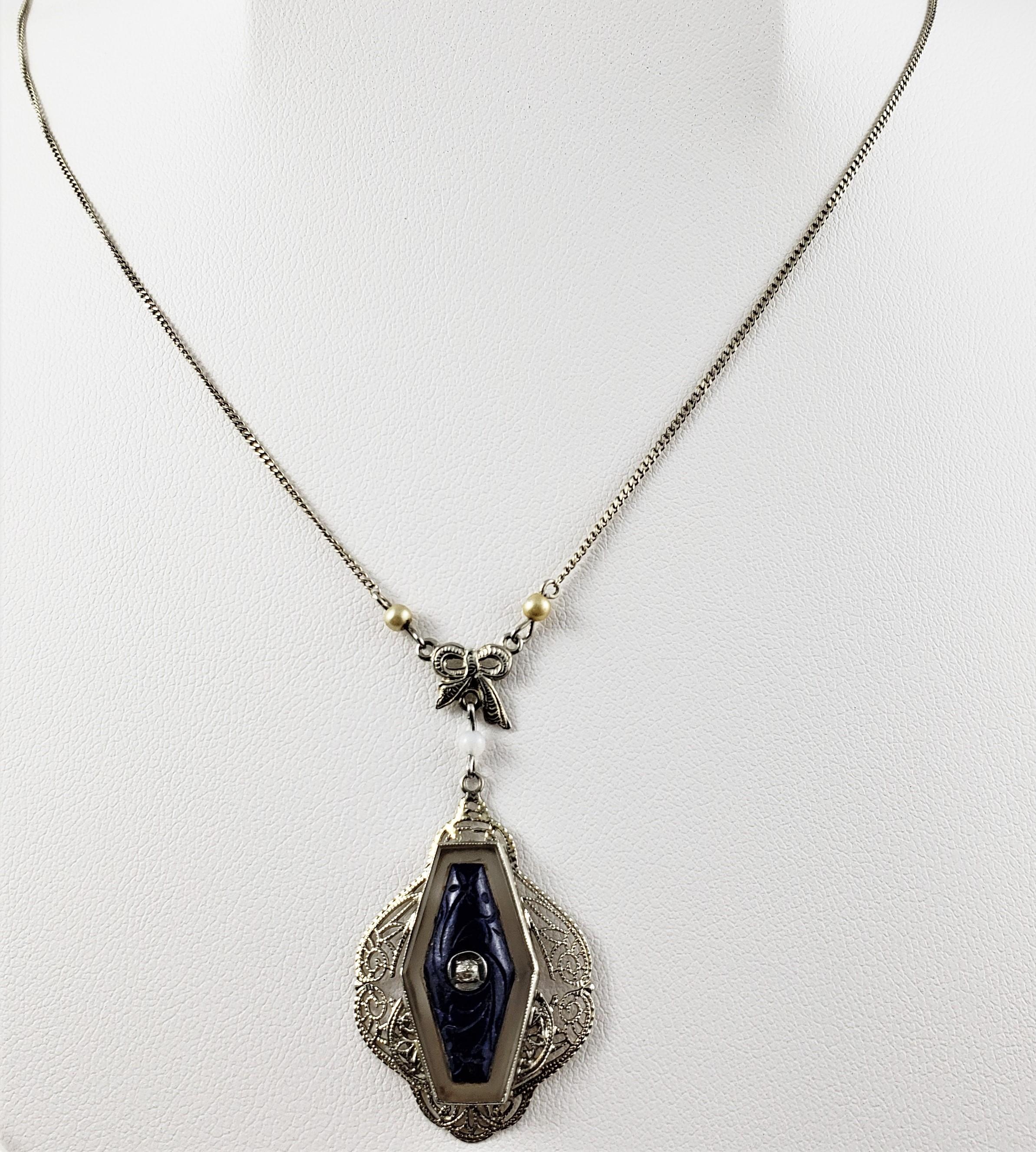 Women's or Men's 14 Karat White Gold Carved Lapis and Diamond Pendant Necklace For Sale