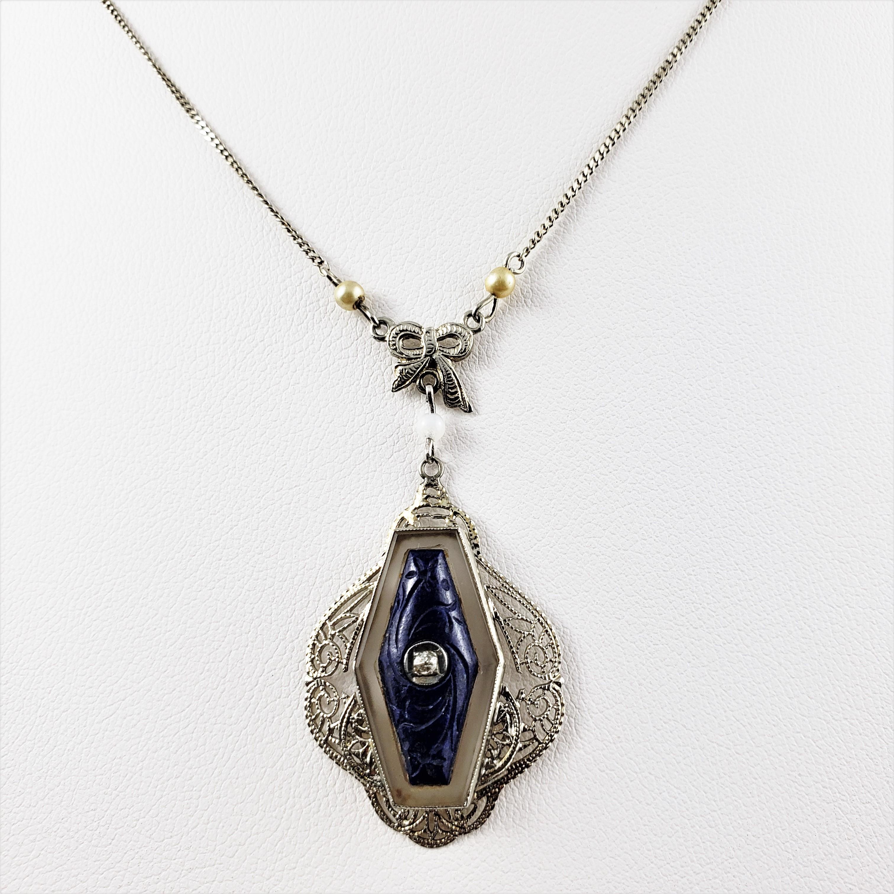 14 Karat White Gold Carved Lapis and Diamond Pendant Necklace For Sale 1