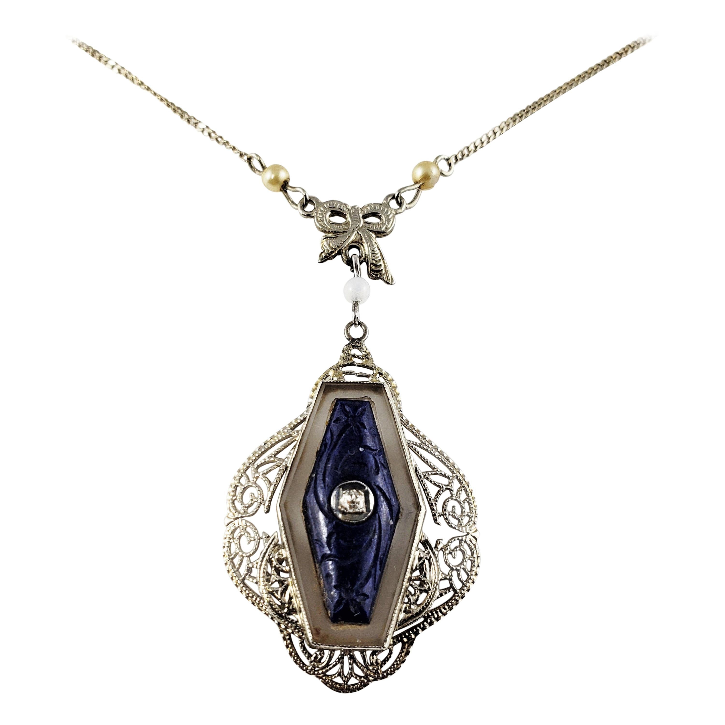14 Karat White Gold Carved Lapis and Diamond Pendant Necklace For Sale